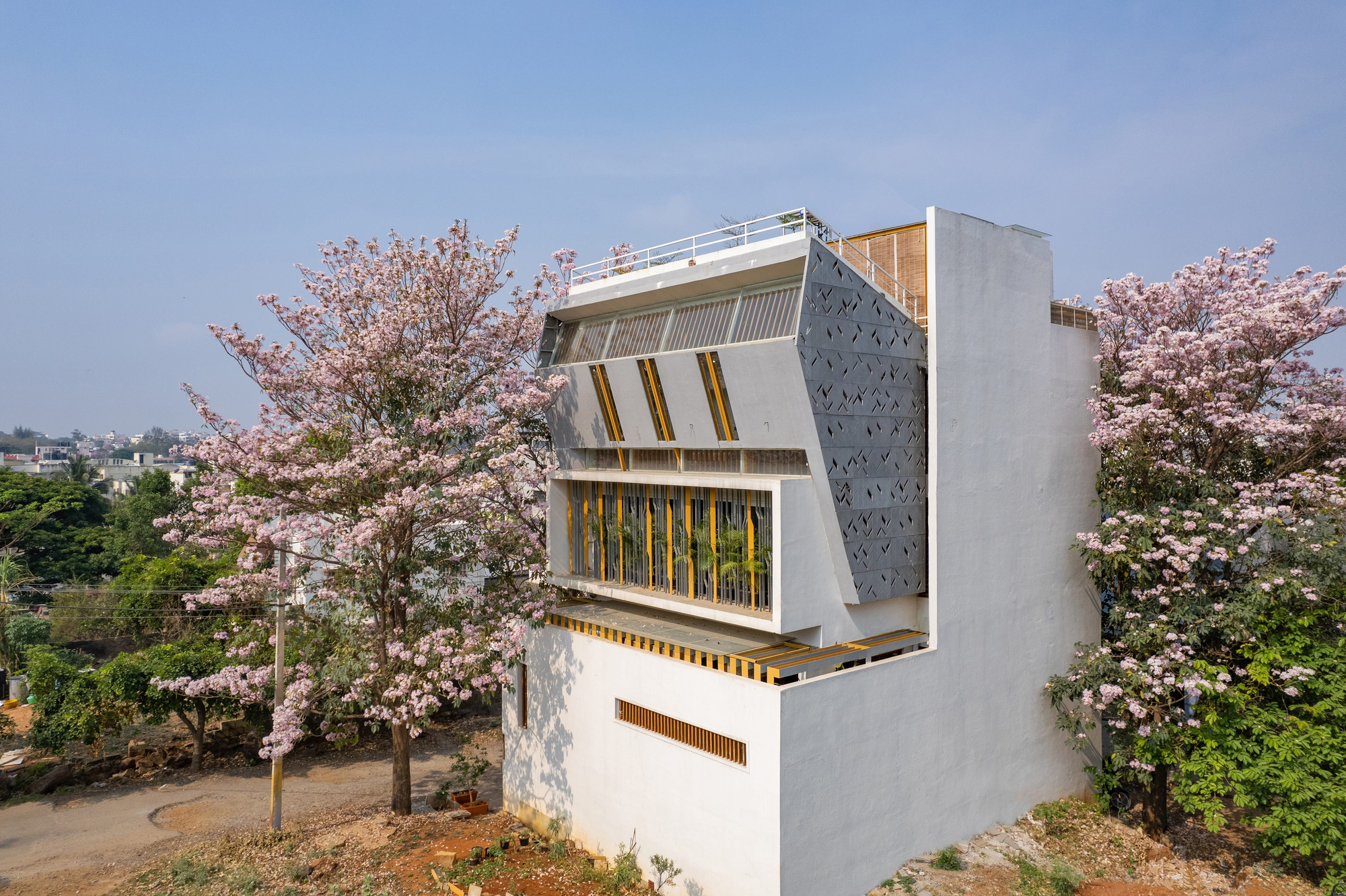 White concrete facade with yellow accents and perforated screens framed by blooming pink trees