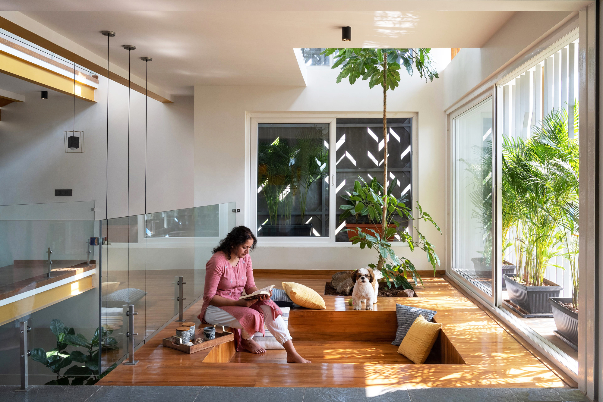 Sunlit raised timber platform with a woman reading beside a dog and potted plants below a skylight