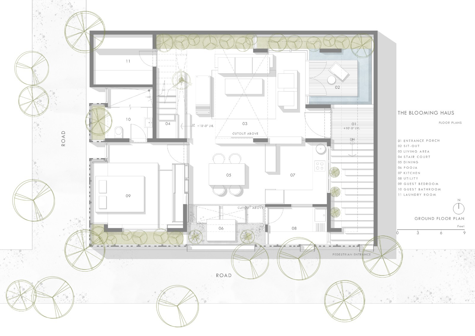 Ground floor plan drawing showing living and dining spaces with planted courtyards and entrance porch