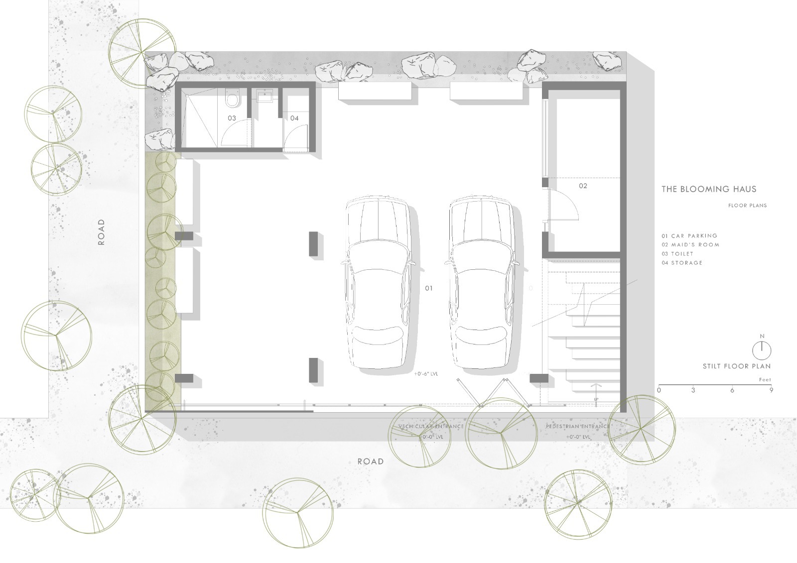 Basement floor plan drawing showing a double car parking space with storage and staircase access