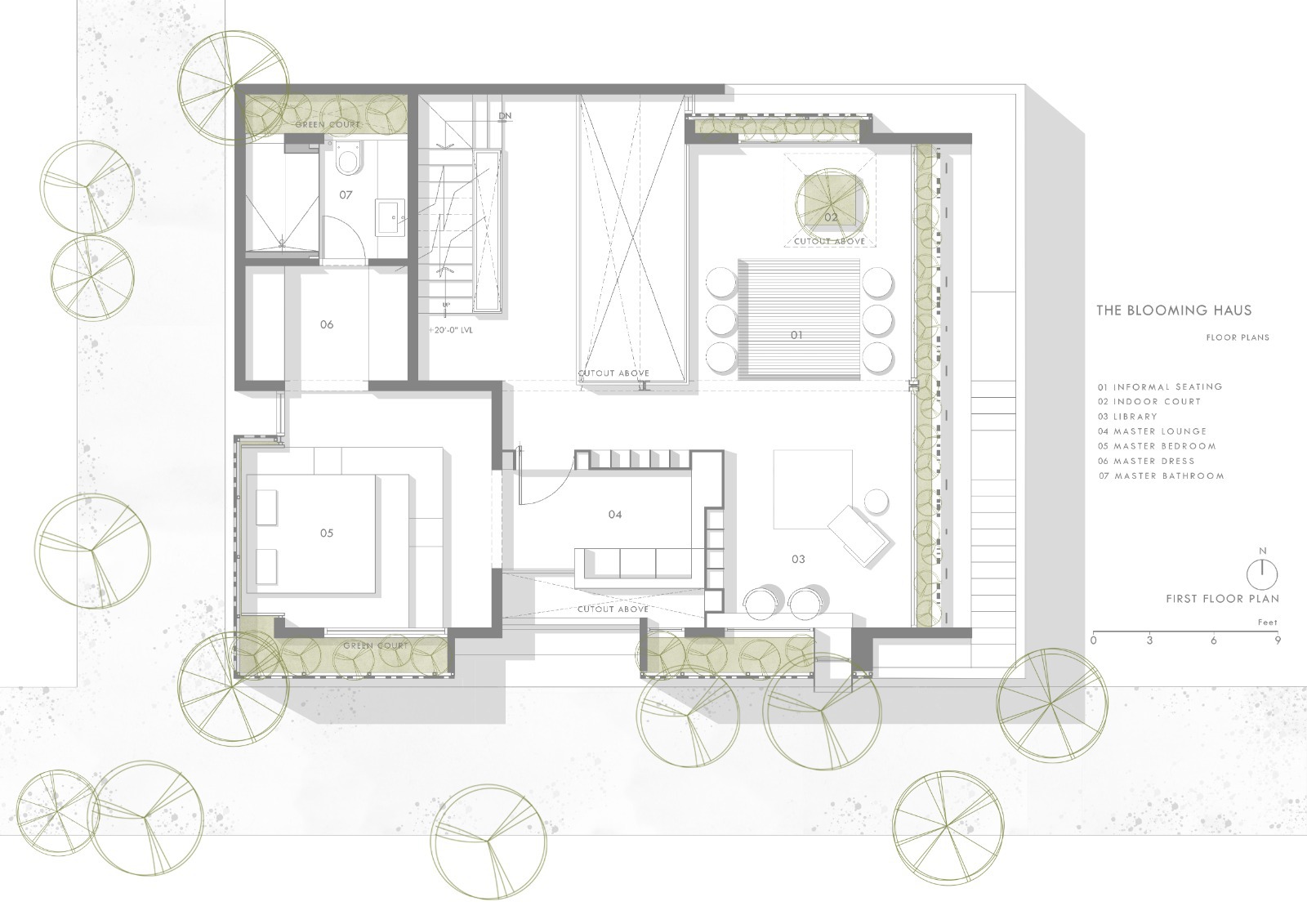 First floor plan drawing showing bedrooms and a long exterior terrace with planting