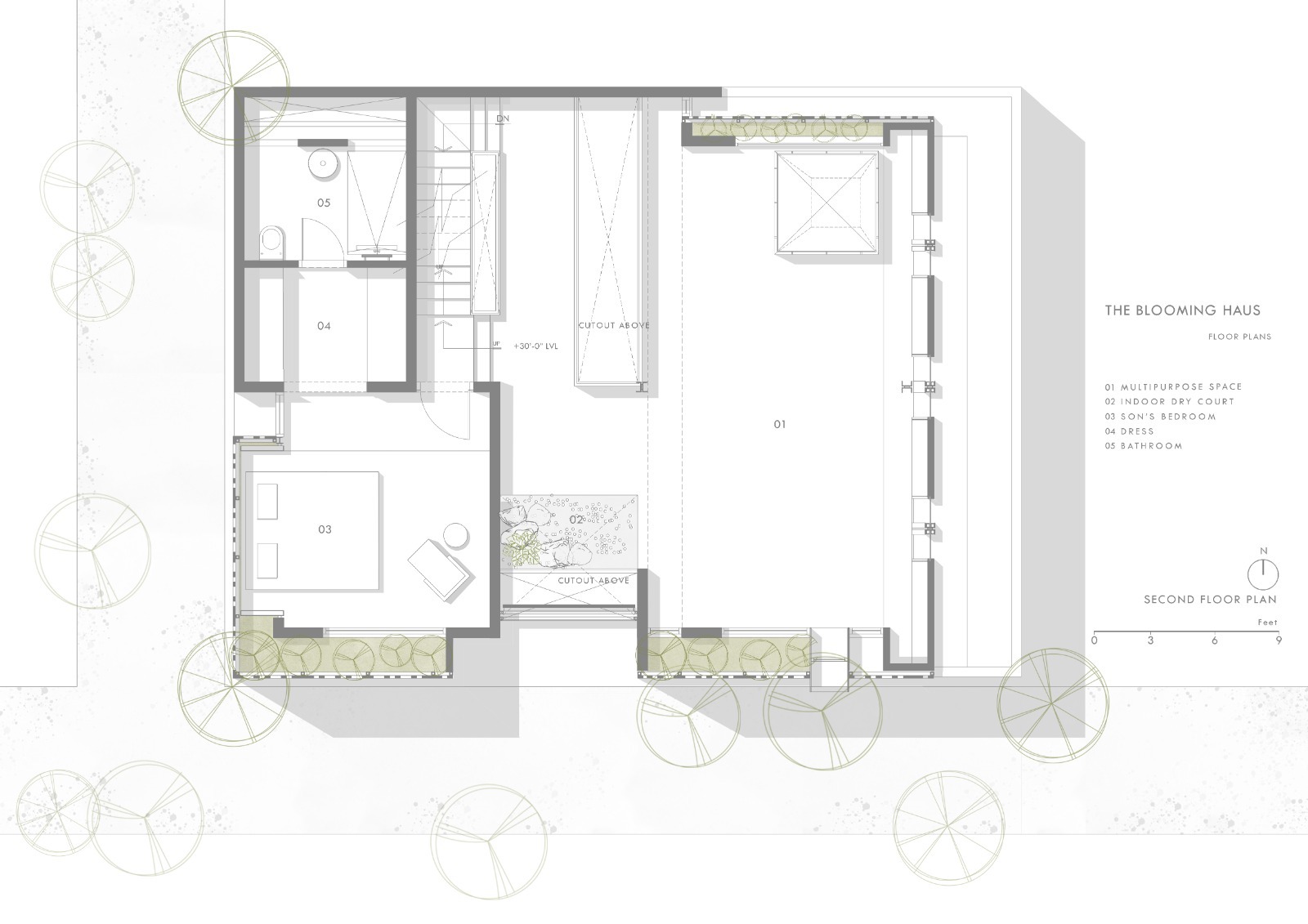 Second floor plan drawing showing a multipurpose space with outdoor terrace and skylight courtyard