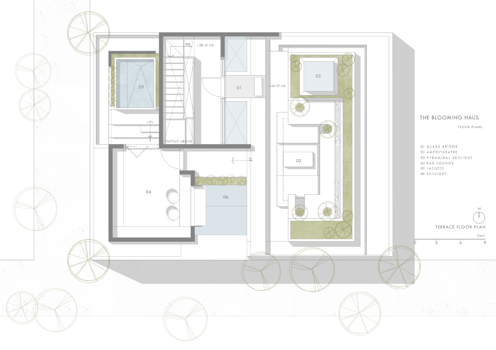 Terrace floor plan showing interior rooms and a long planted terrace with trees