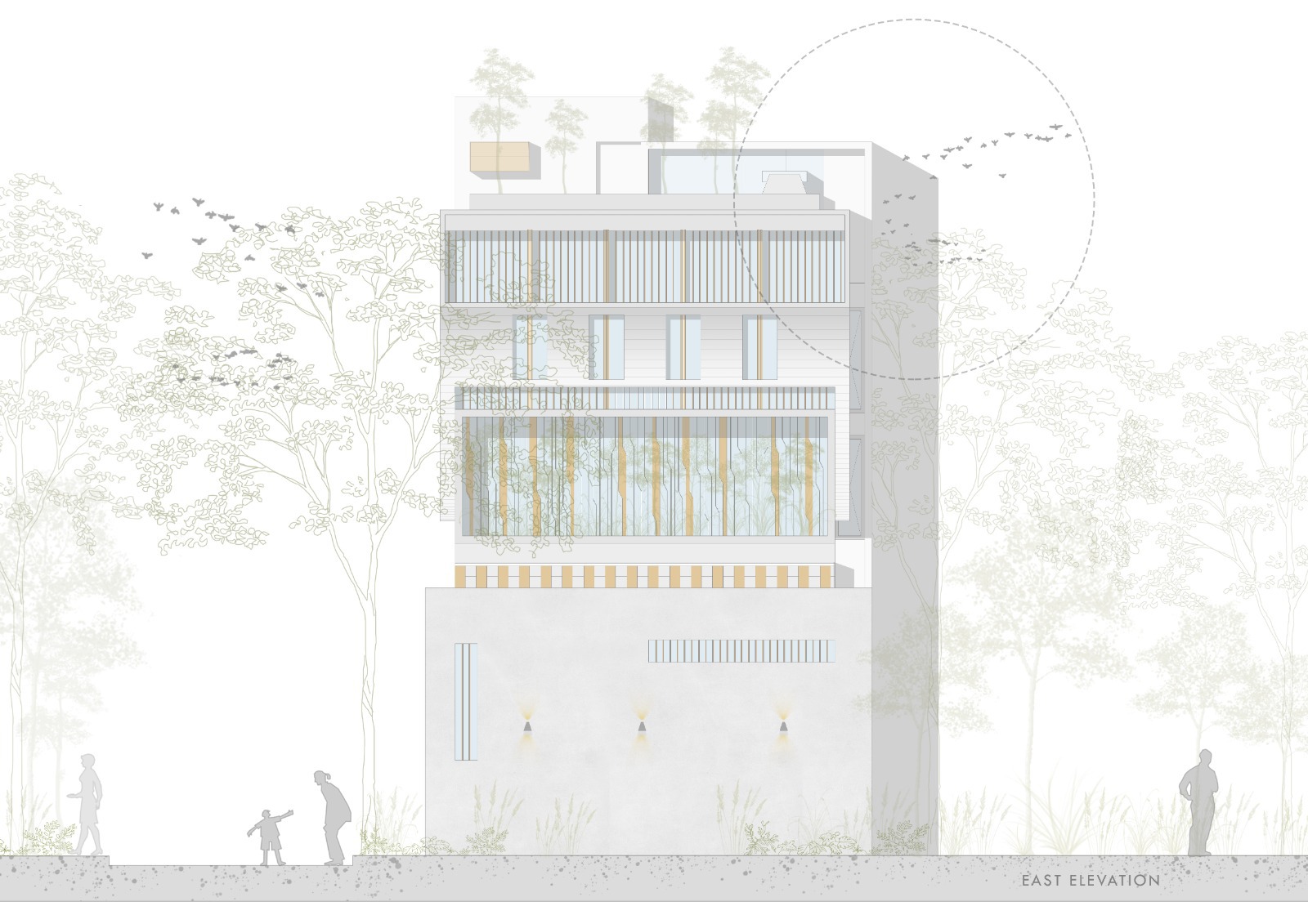 East elevation drawing showing vertical slat screens and planted terraces with figures at street level