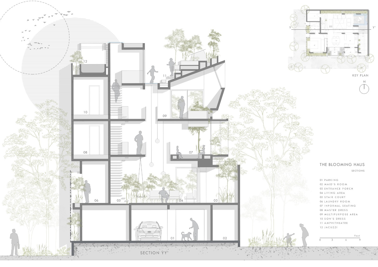 Section drawing revealing split-level interior spaces with stairs, planted terraces, and ground-level parking