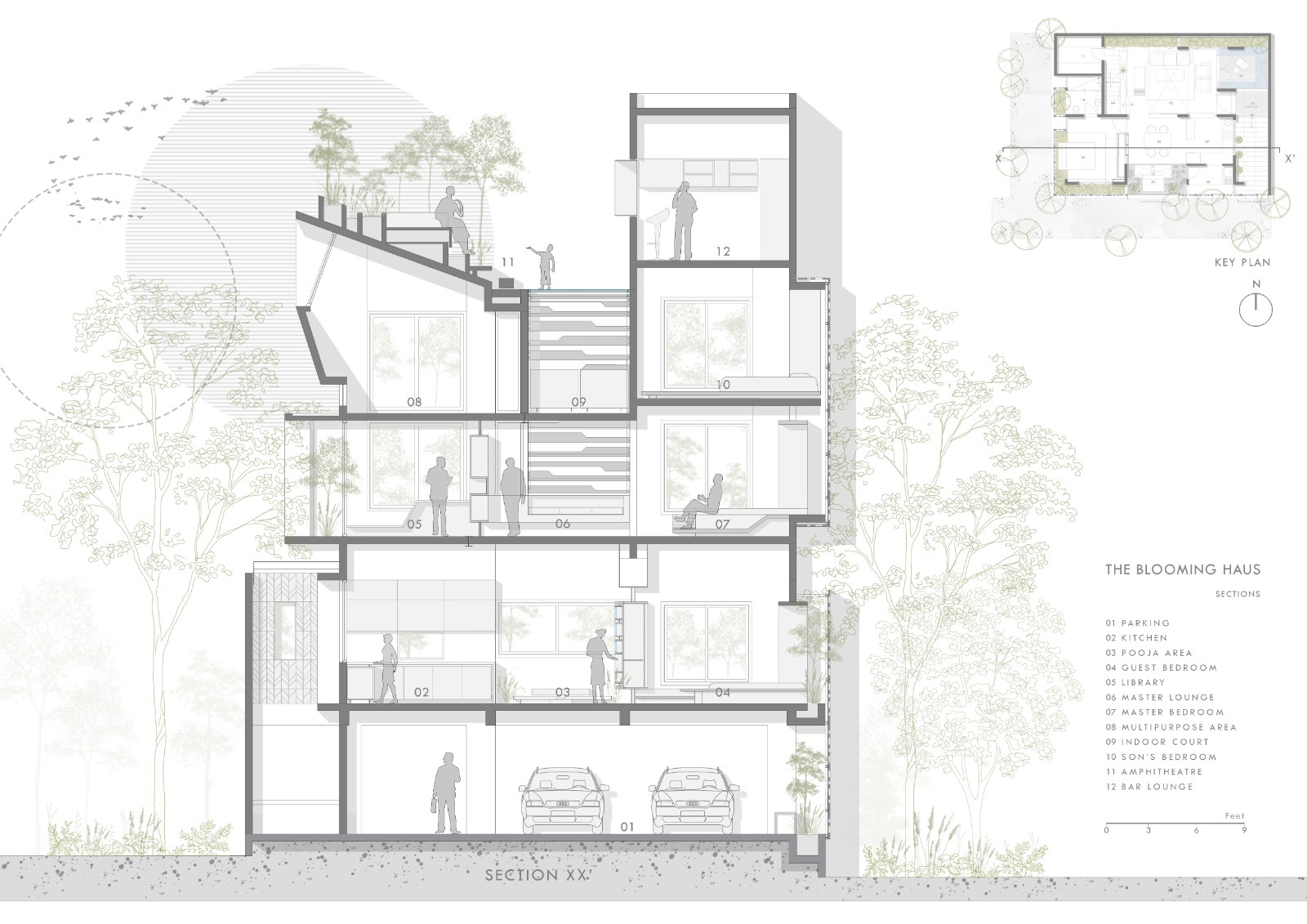 Section drawing showing cascading stairs connecting multiple floors with planted terraces and garage below