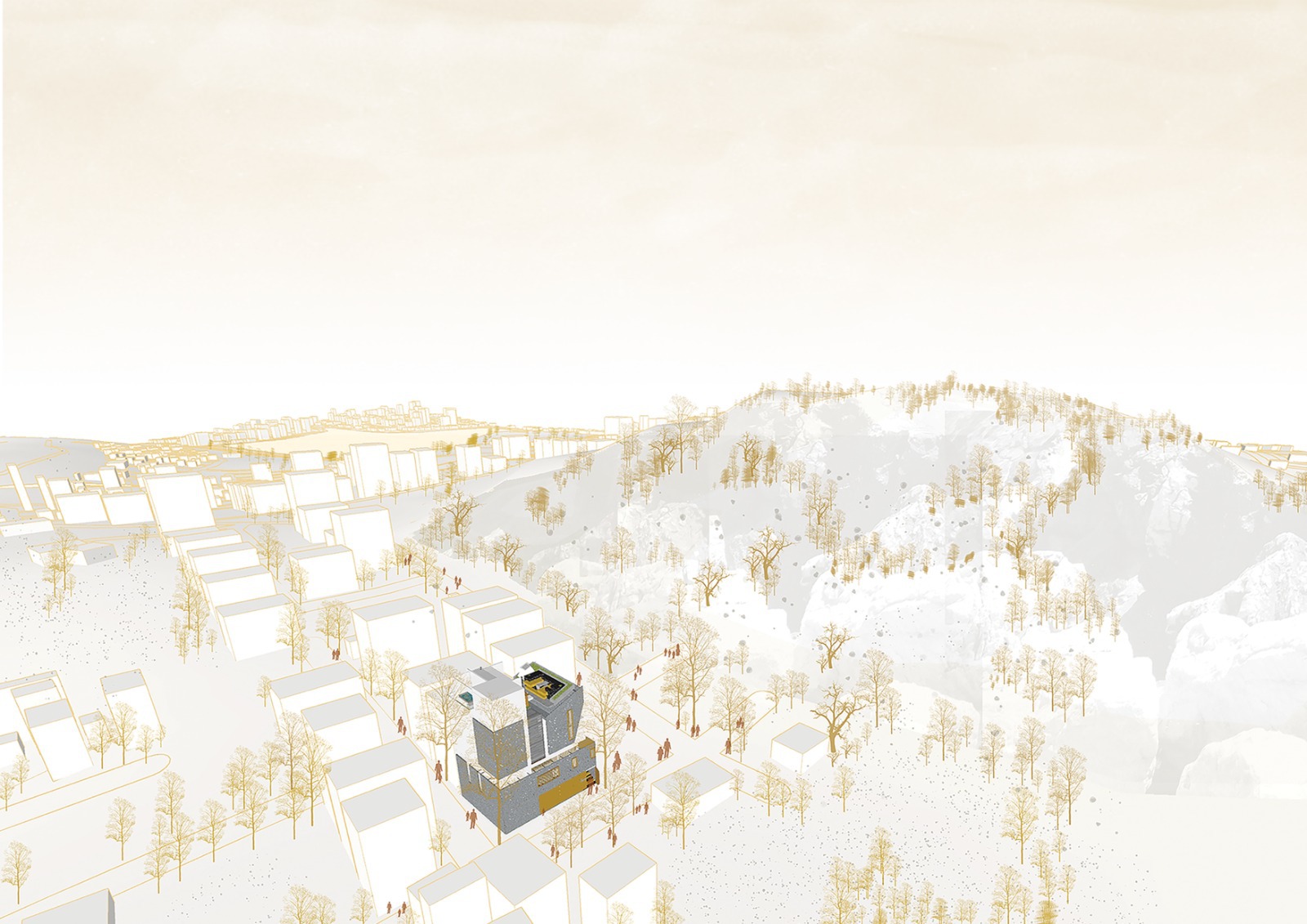 Axonometric drawing showing a dark volume at the edge of a residential neighborhood and forested hillside