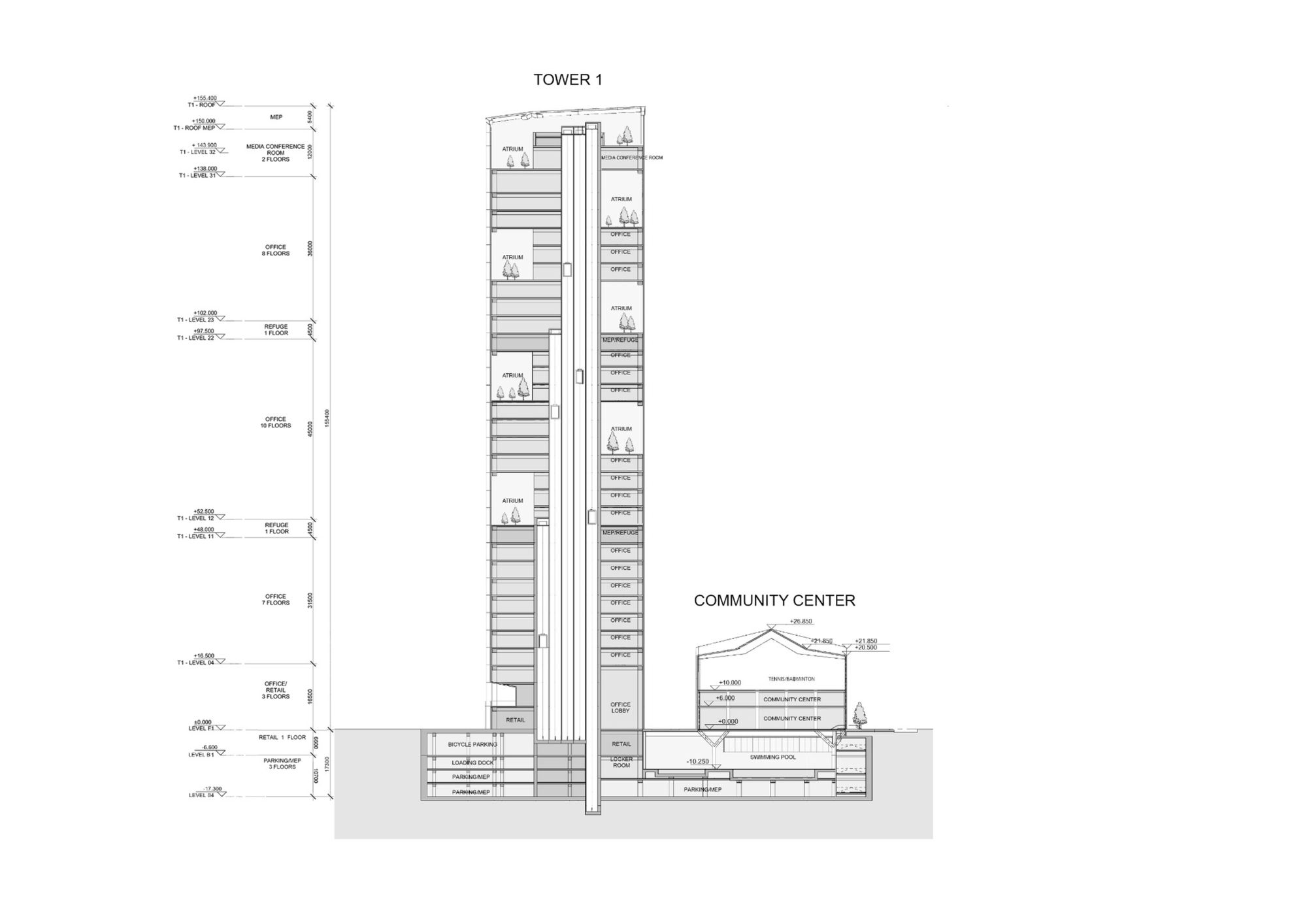 Section drawing showing a slender residential tower above a low-rise community center with annotated floor levels