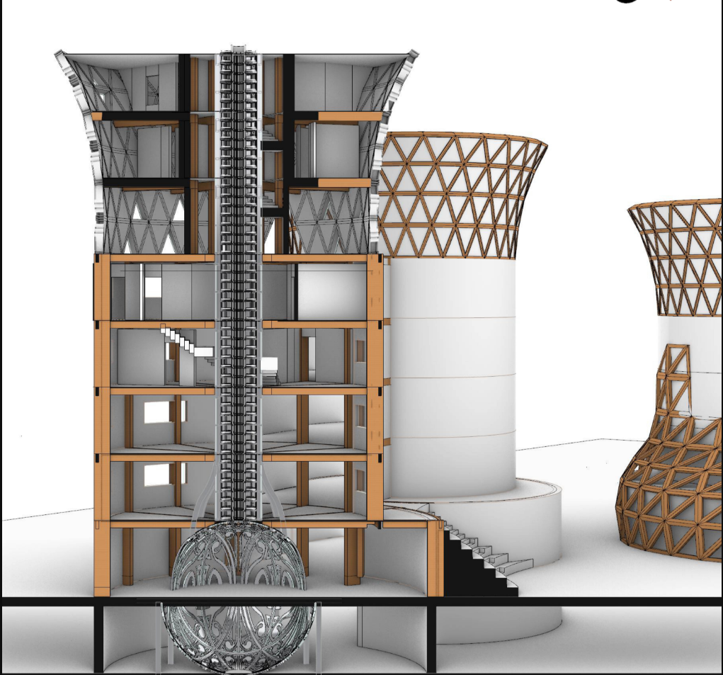 Sectional view revealing integrated structure, circulation, and core systems.