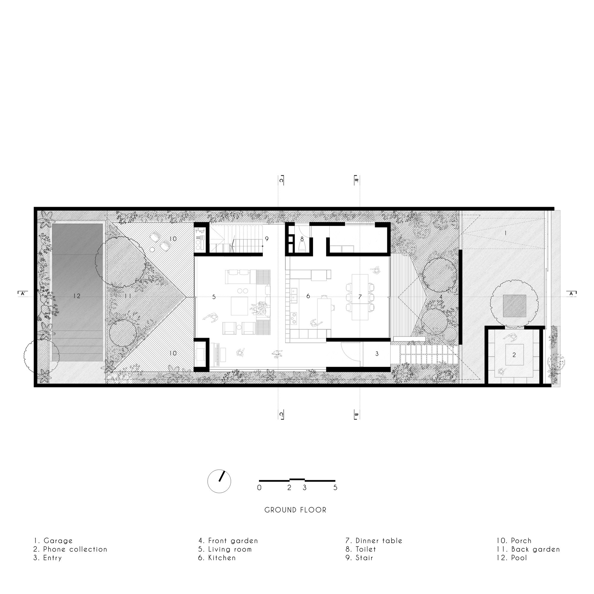 Ground floor plan showing living areas flanked by courtyard gardens and a pool on the left