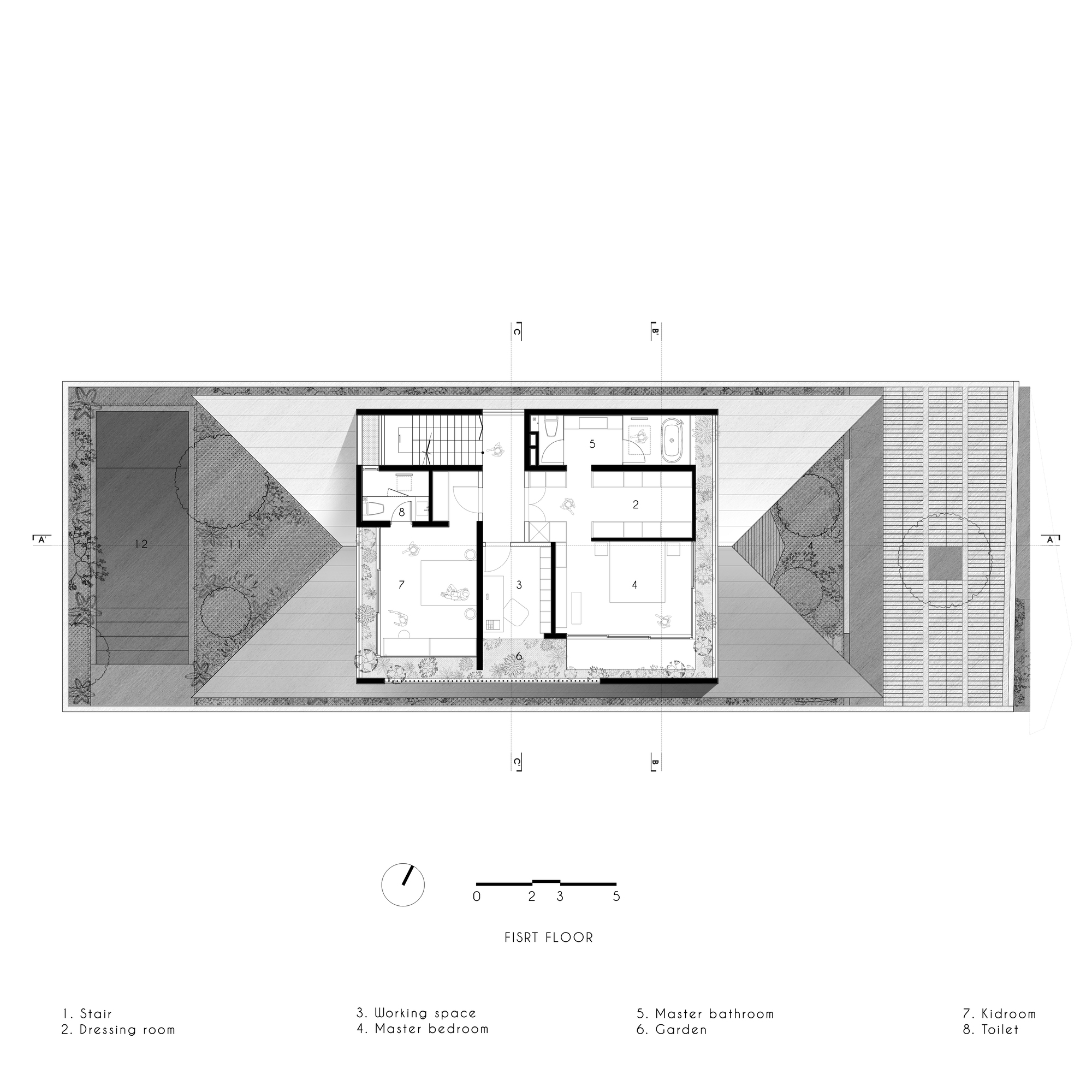 First floor plan with bedrooms and triangular garden terraces at each end