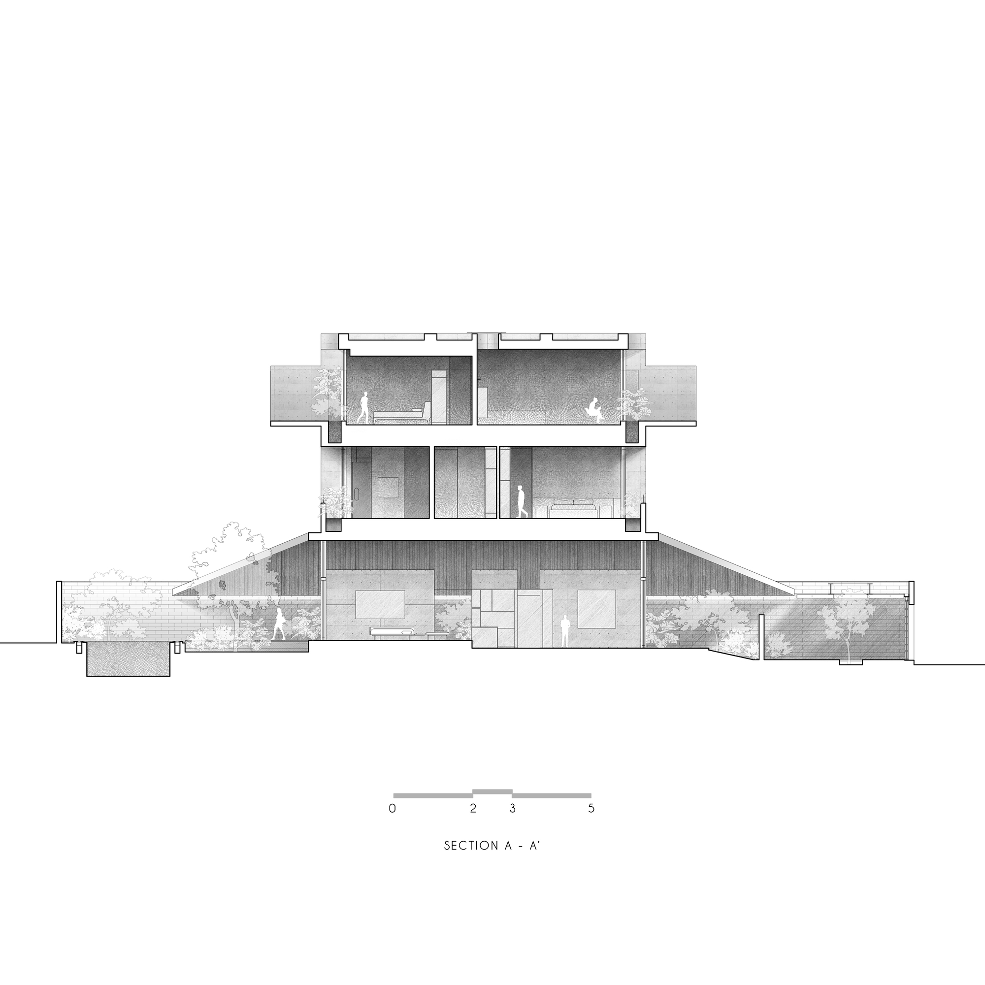 Section drawing illustrating three stacked levels with figures and vegetation throughout