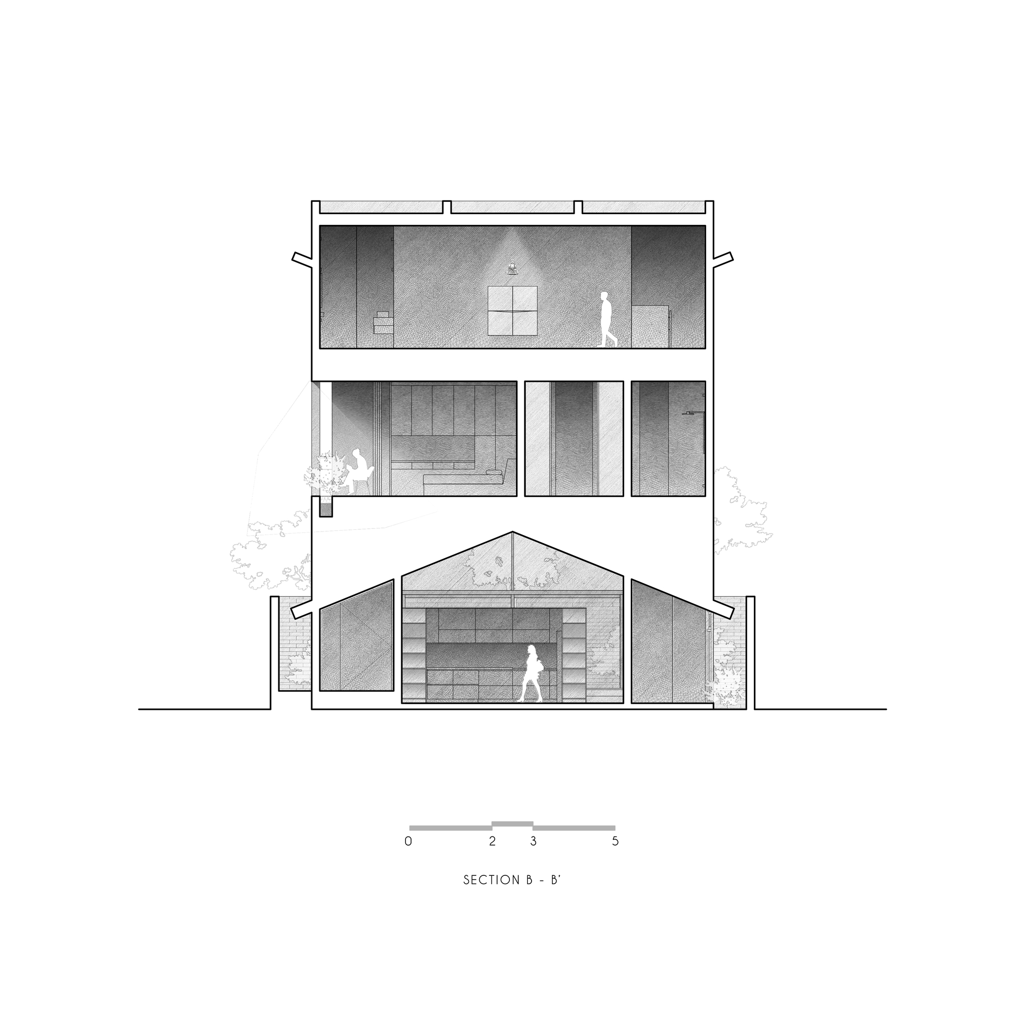 Section drawing showing three-story volume with staircase and gabled entrance at ground level