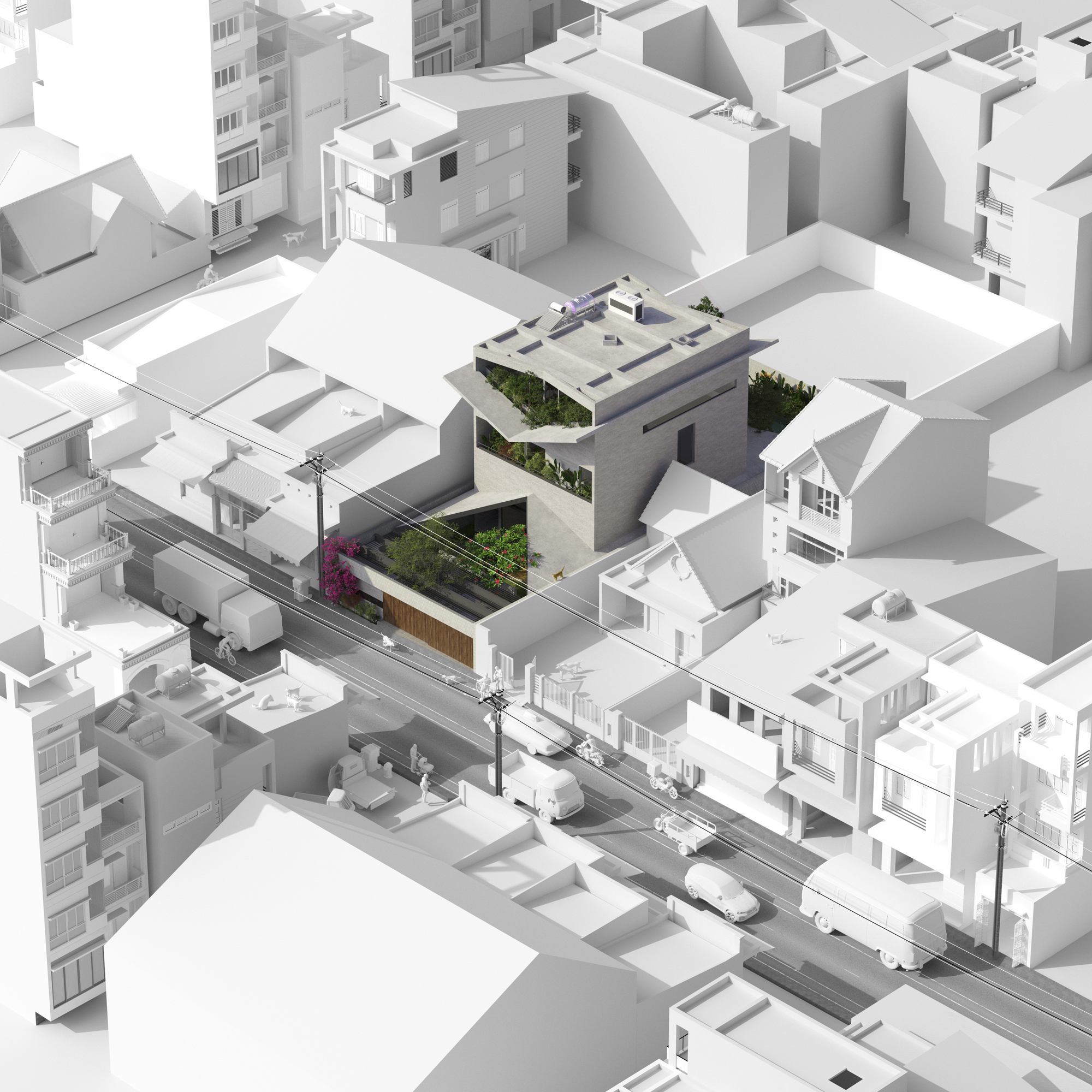 Aerial view of architectural model showing stacked volumes with planted terraces in dense urban context