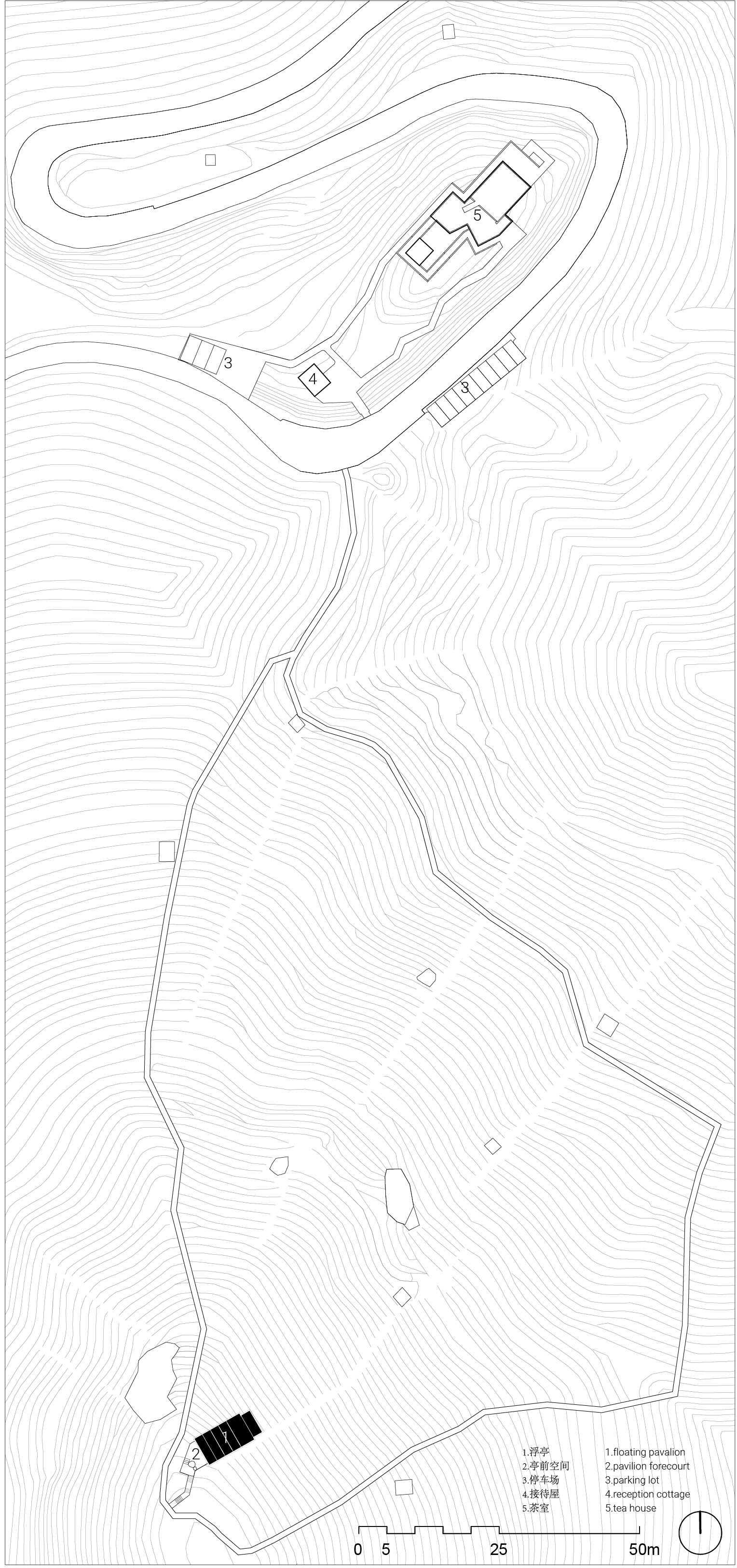 Site plan drawing showing the pavilion footprint and pathways among topographic contour lines