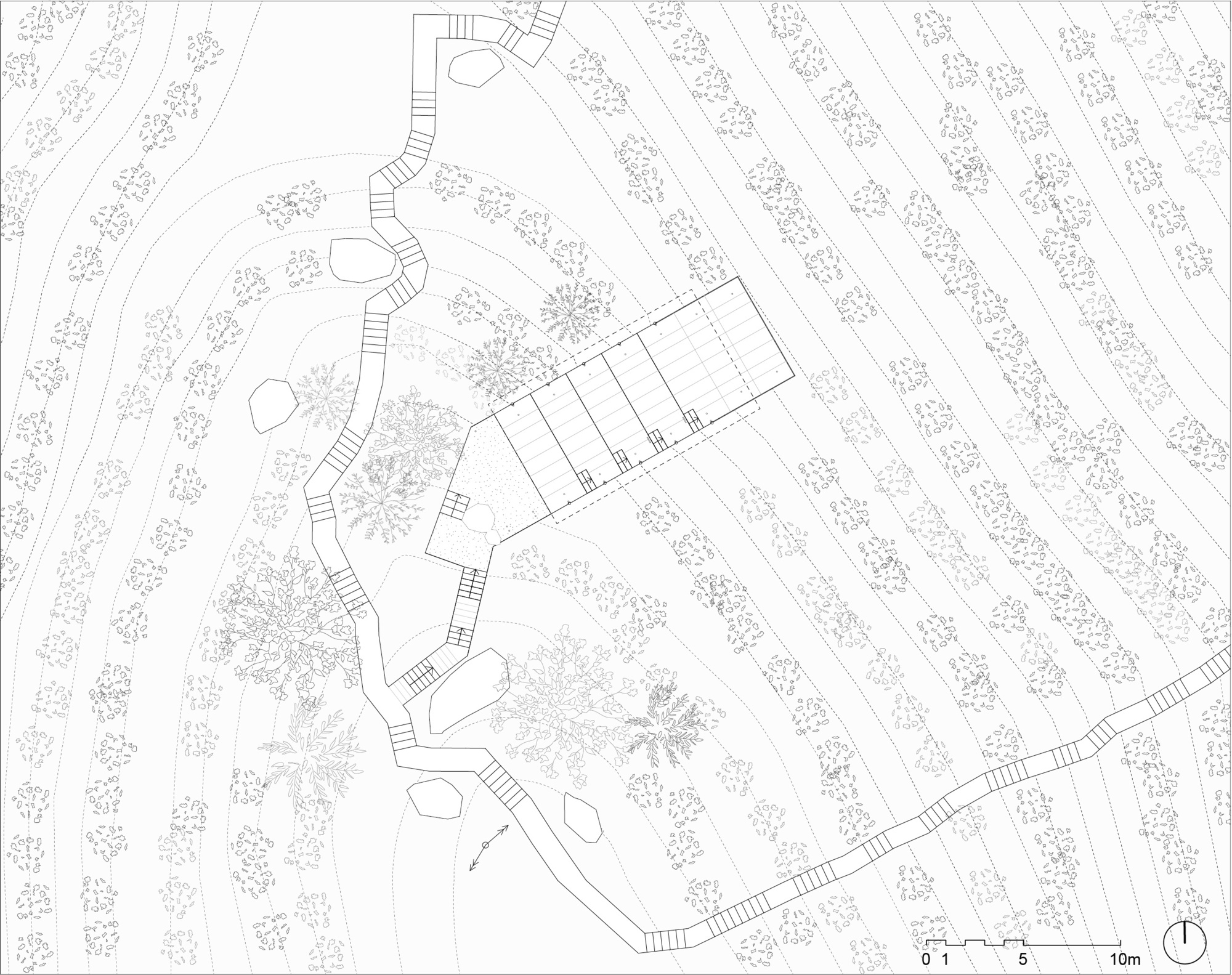 Top-down site plan with the pavilion positioned among rows of planted vegetation and terraced slopes