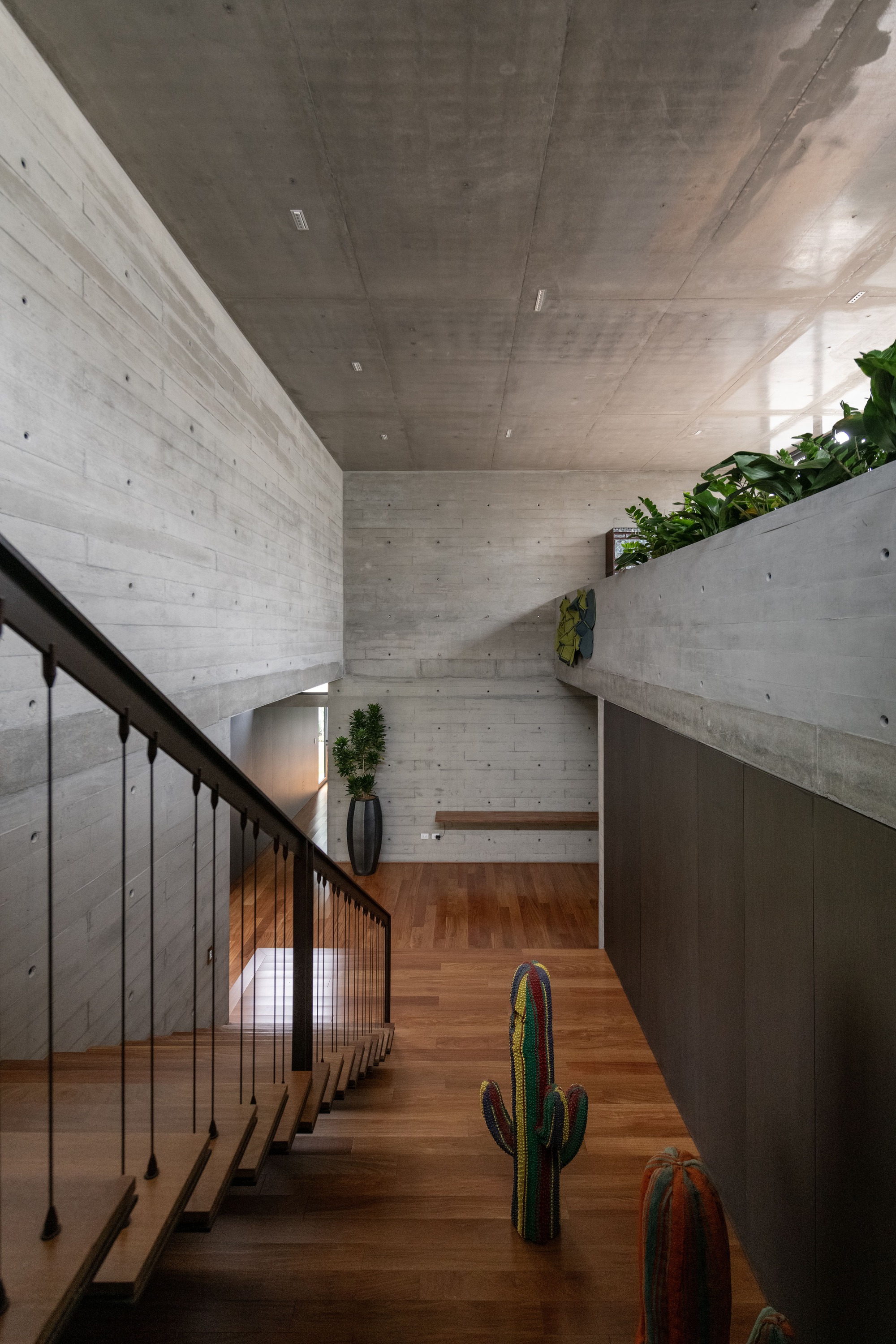 Internal staircase with steel railing and timber treads between board-formed concrete walls and planted terraces