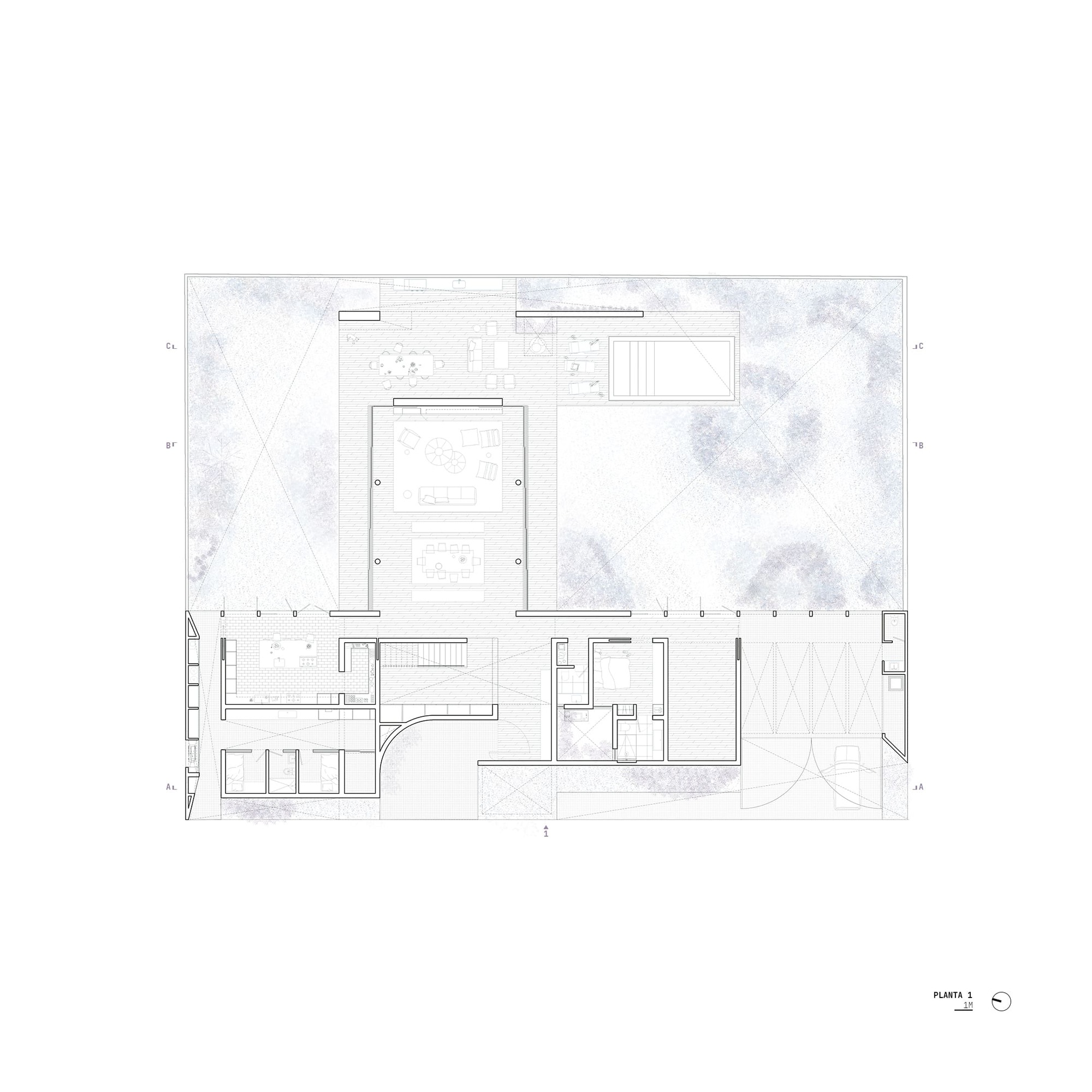 Floor plan drawing showing interior rooms and two courtyard spaces with diagonal paving patterns