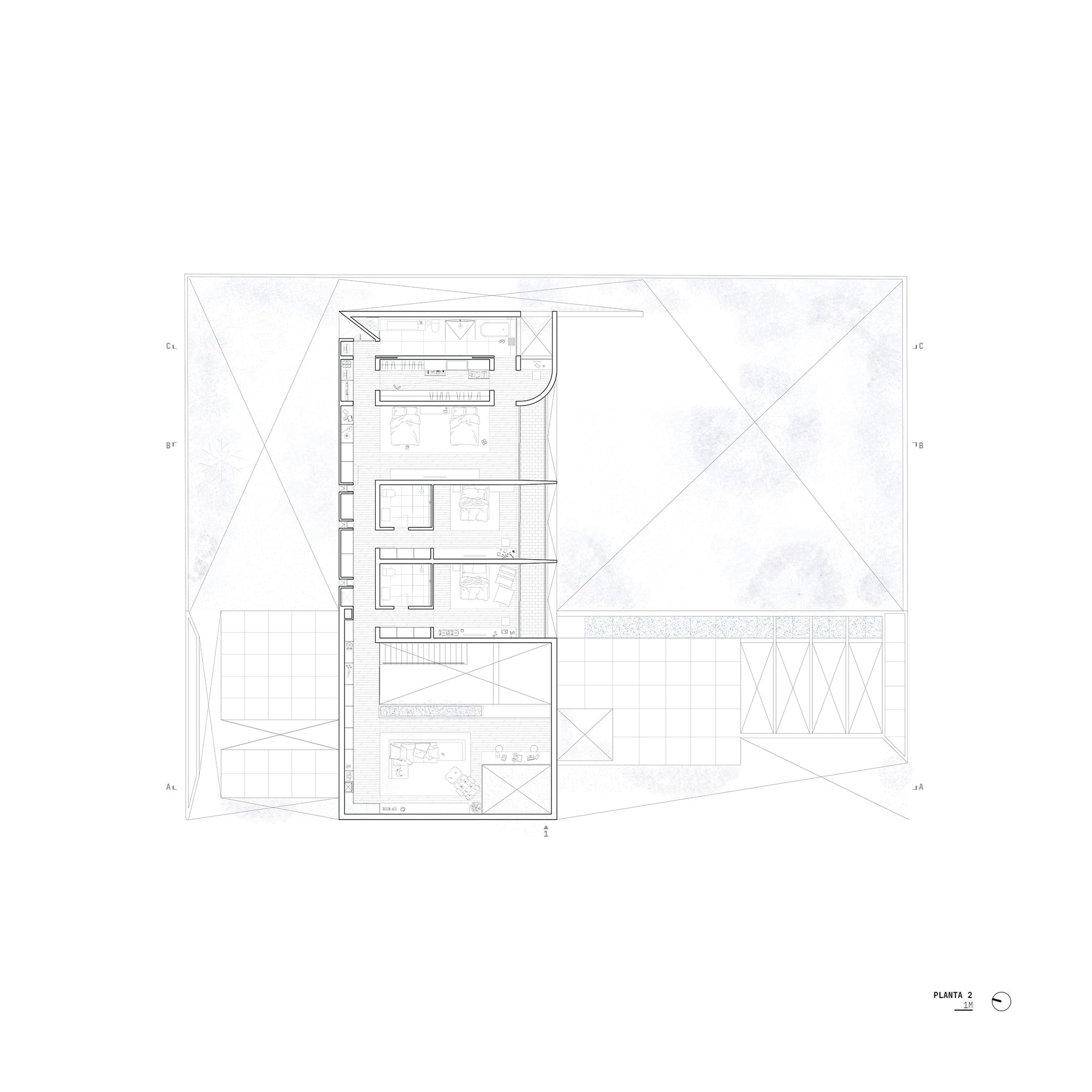 Floor plan drawing showing a linear arrangement of rooms adjacent to triangular outdoor courtyards