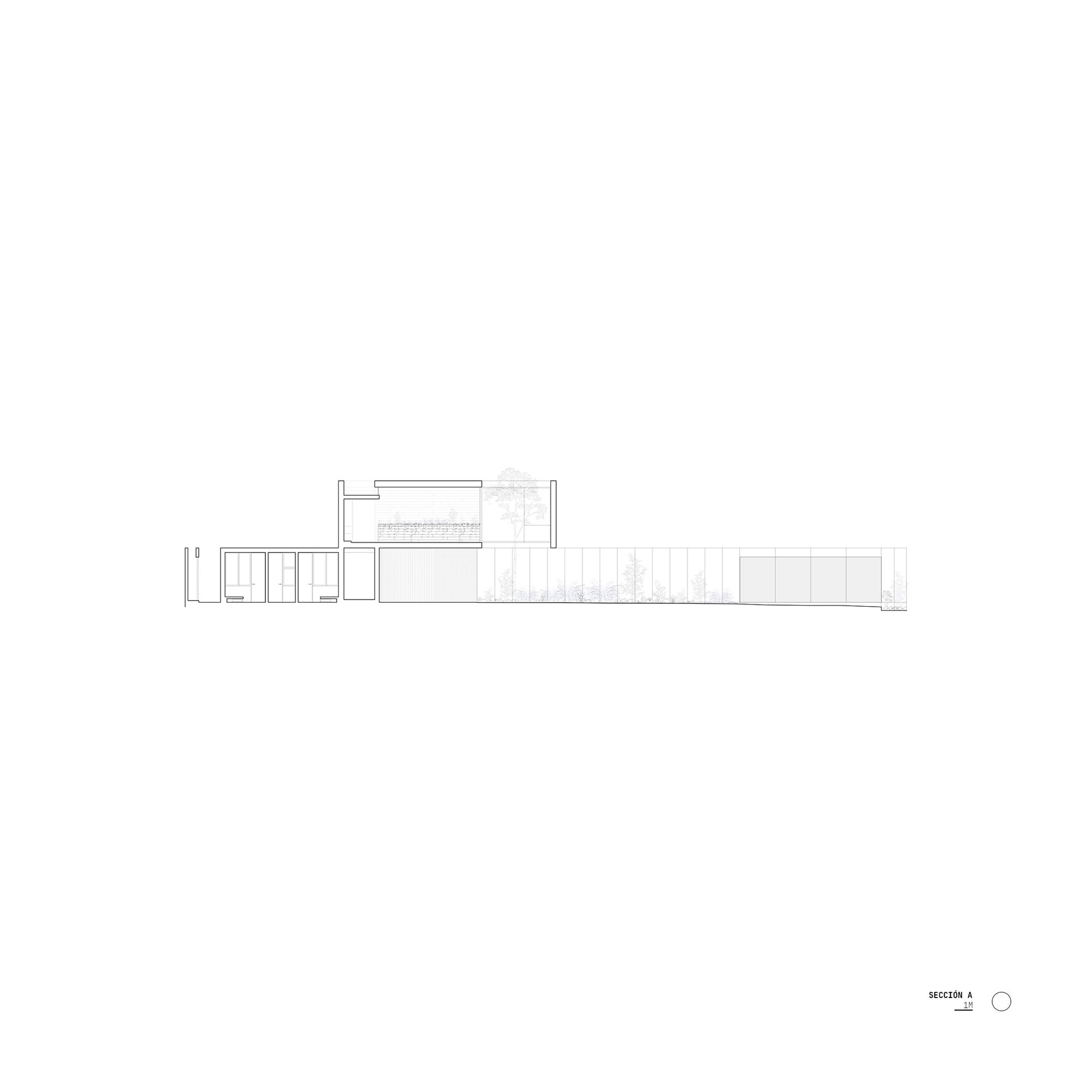Section drawing revealing the two-story volume and extended colonnade with planted courtyard between