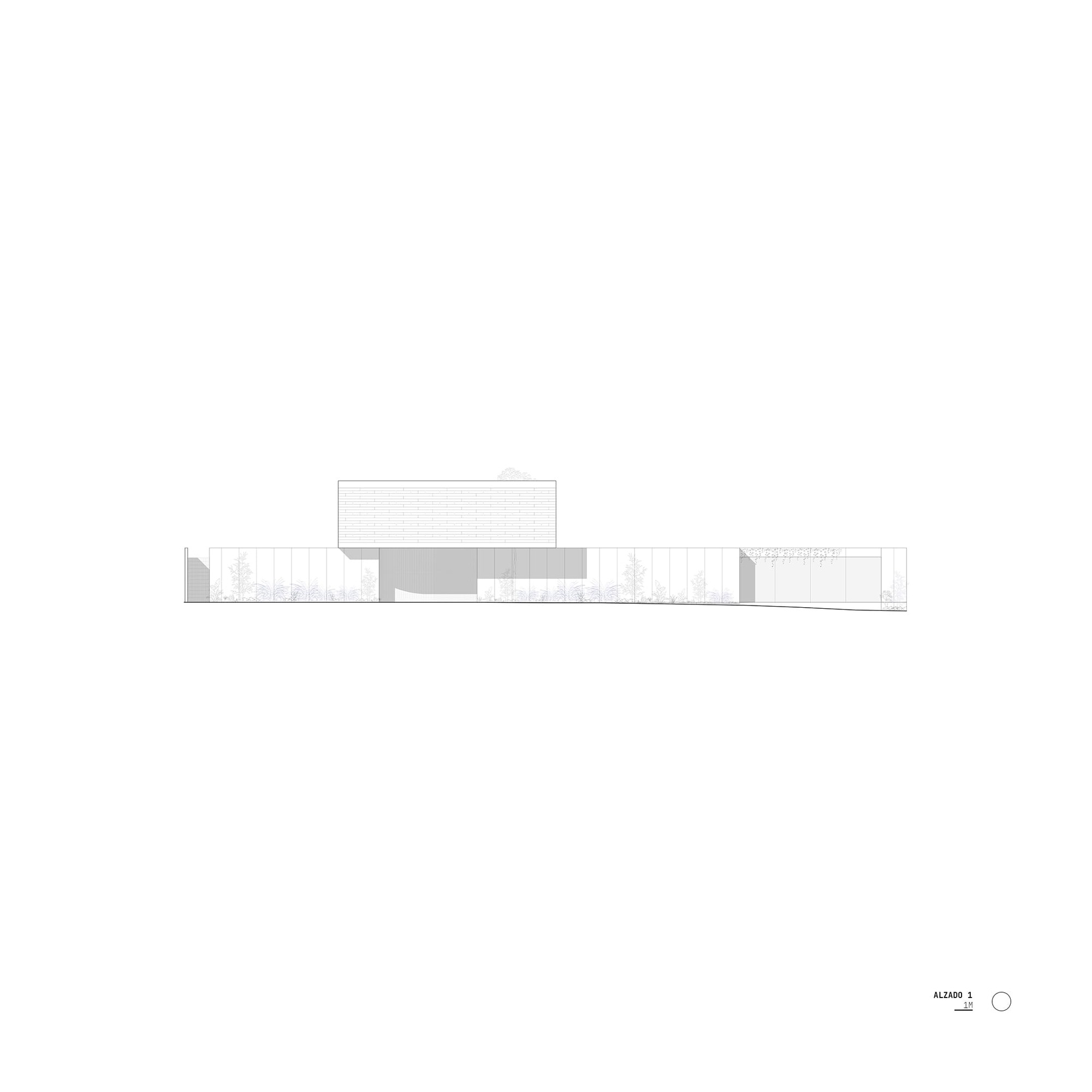 Elevation drawing showing a low horizontal composition with a central raised volume and flanking wings