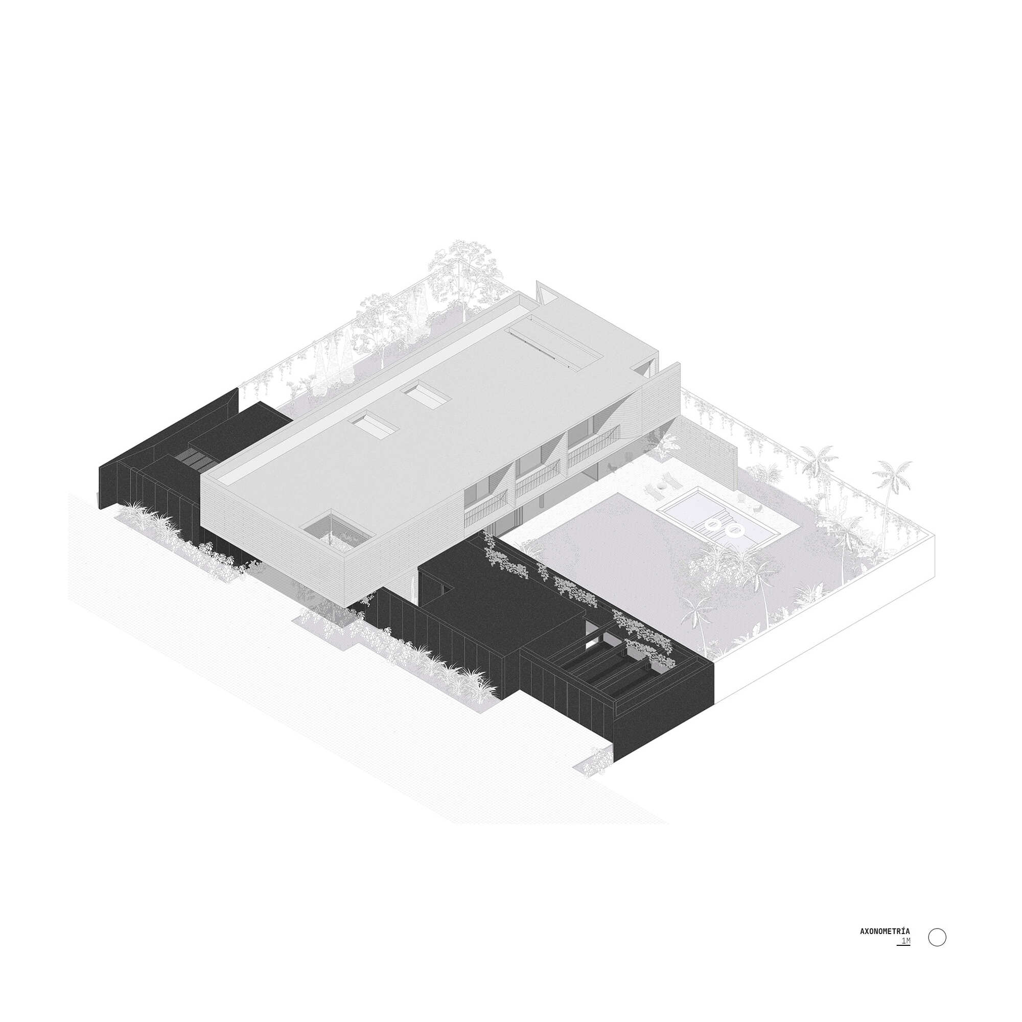 Axonometric drawing depicting rectangular volumes arranged around a central courtyard with surrounding trees and pool