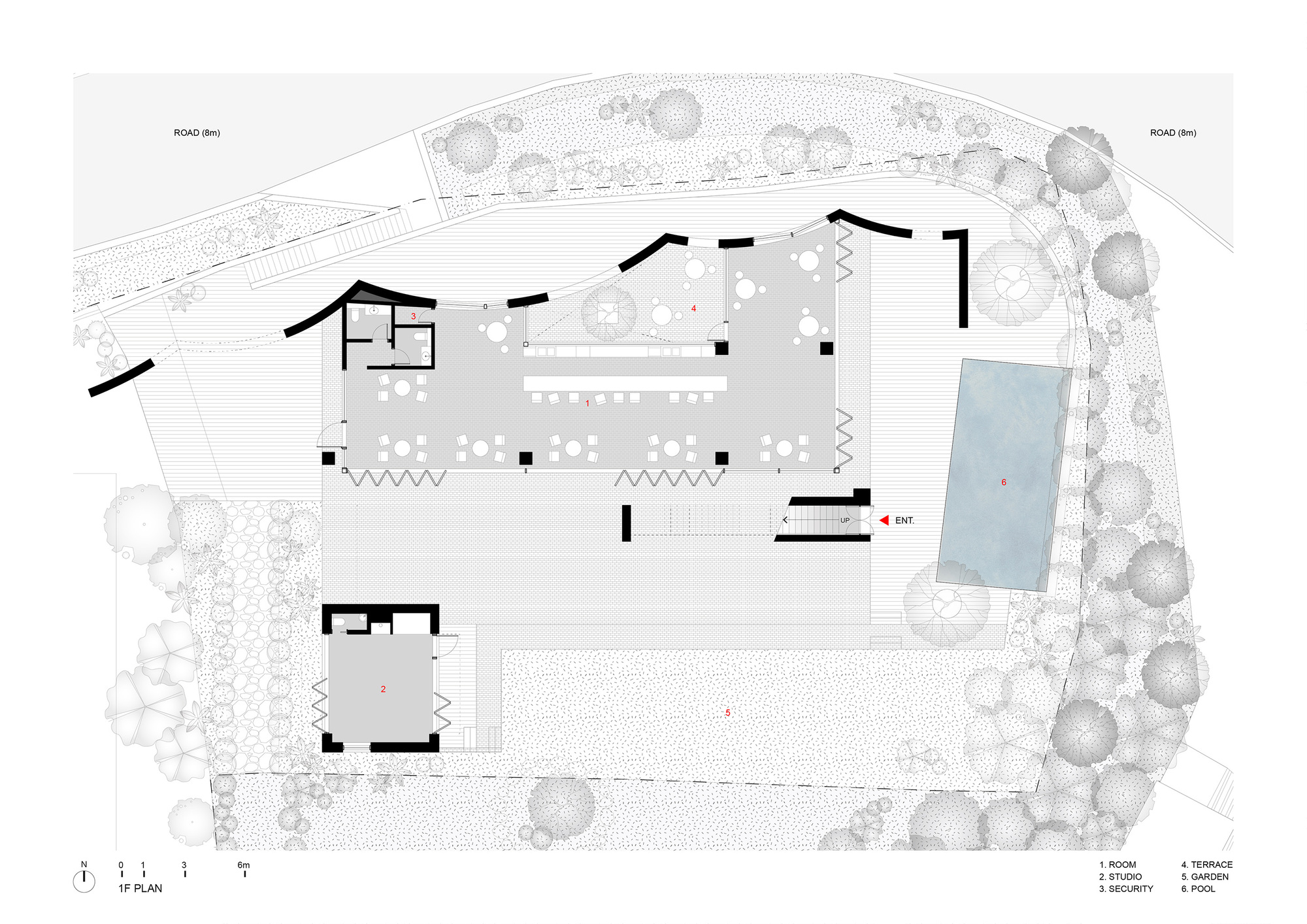 Ground floor plan drawing showing a linear building with terraced seating area and swimming pool