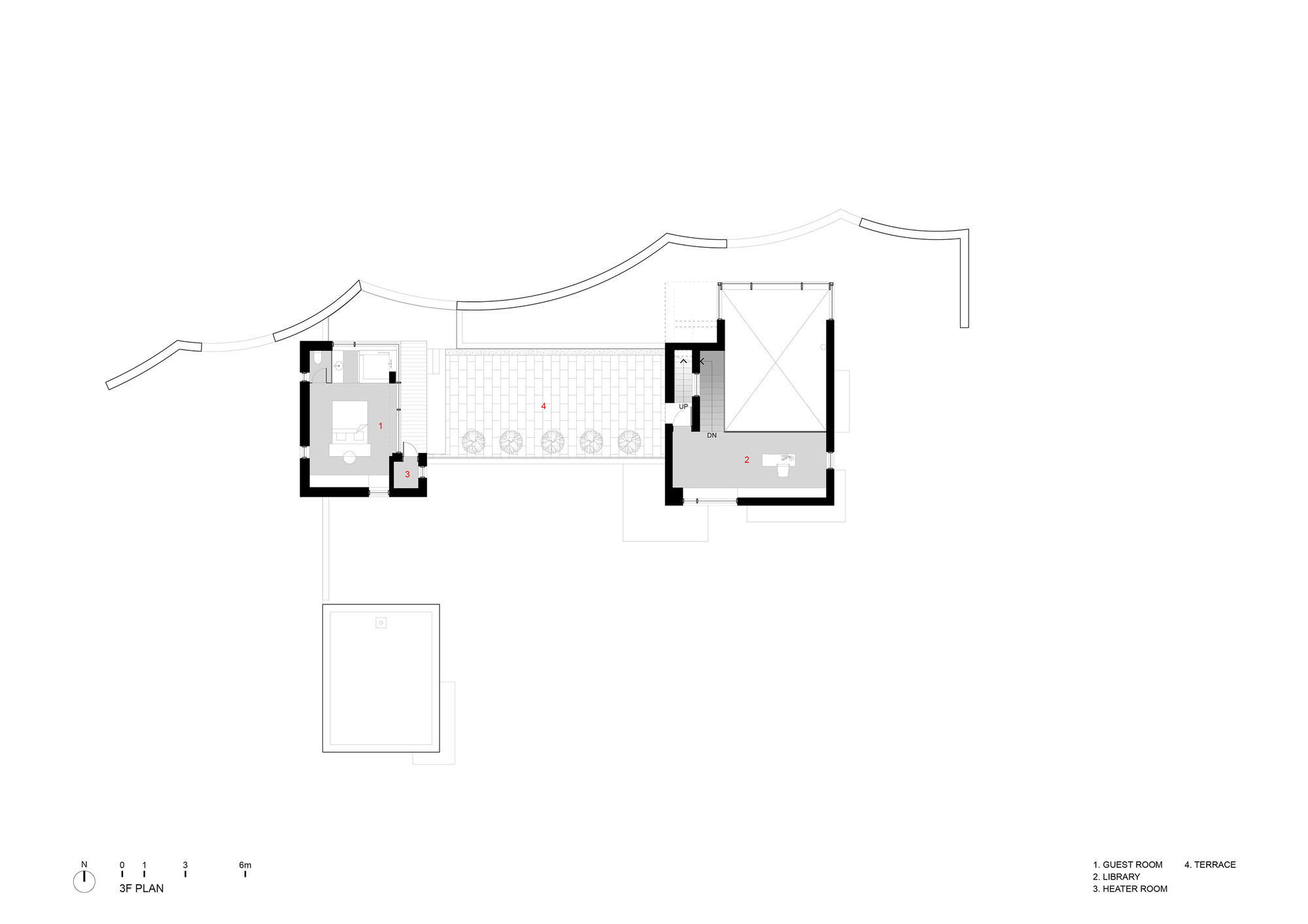 Third floor plan drawing showing guest quarters and library pavilion connected by a covered bridge