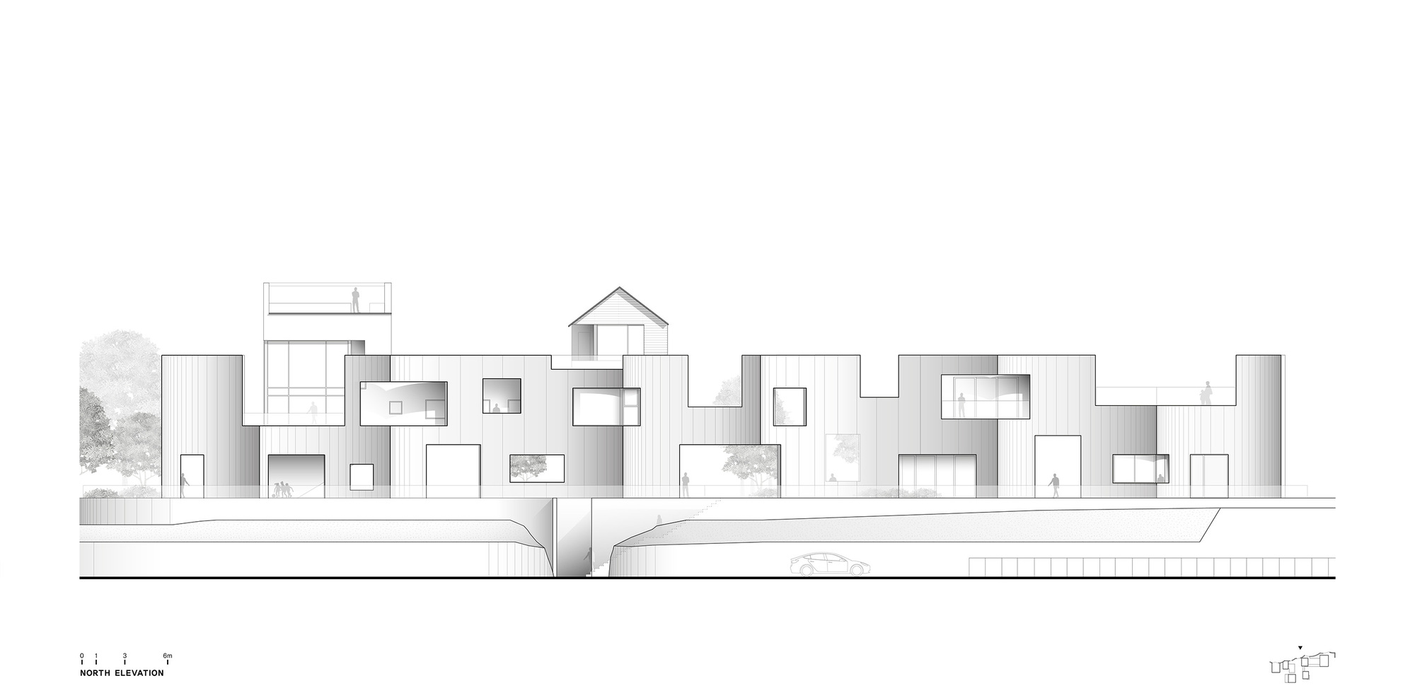 North elevation drawing showing the fragmented white volumes stepped across a sloping site with trees
