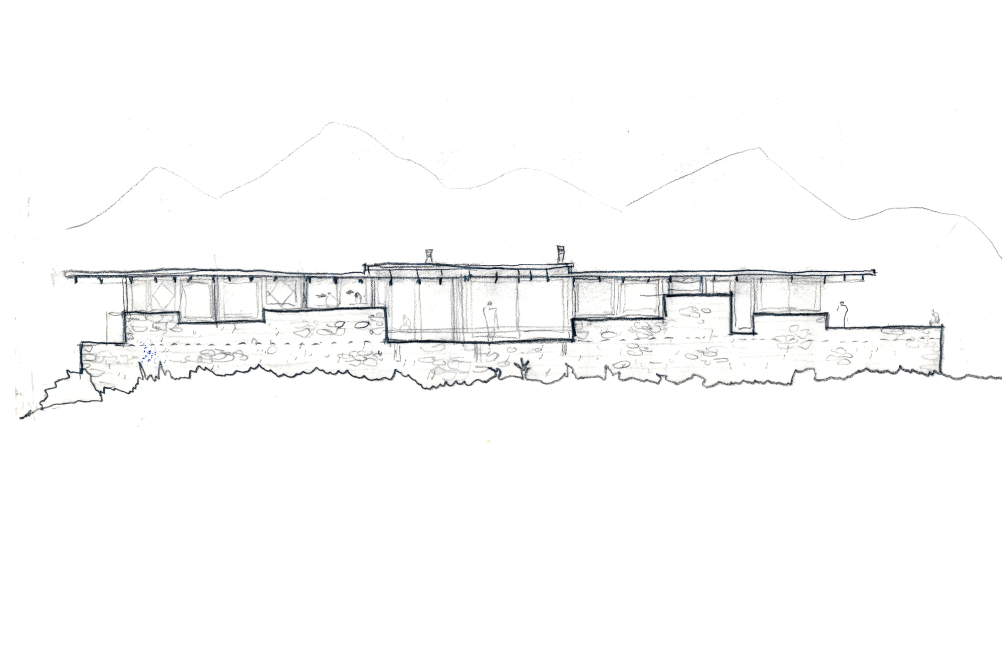 Elevation sketch showing horizontal residence with flat roof beneath mountain ridgeline