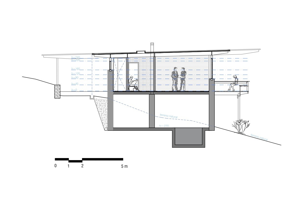 Section drawing revealing split-level interior with figures and sloping site condition