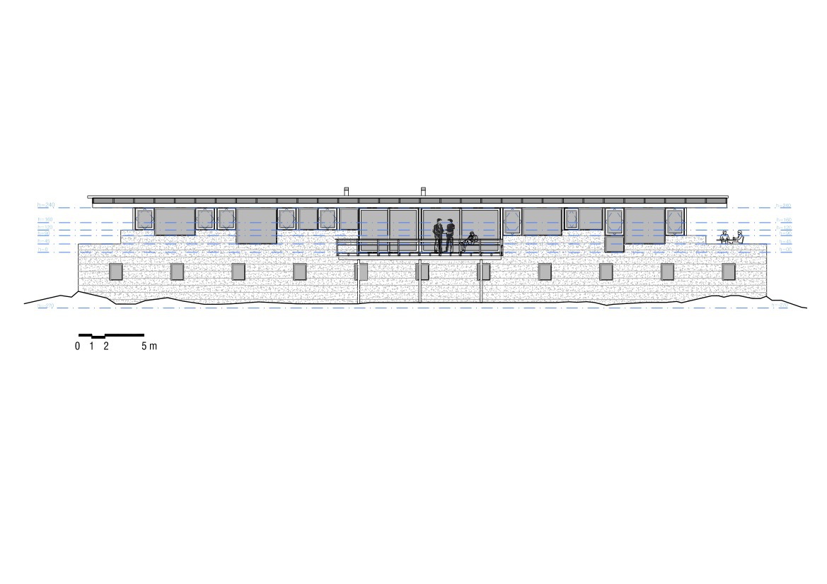 Elevation drawing showing stone base wall with column supports beneath glazed upper volume