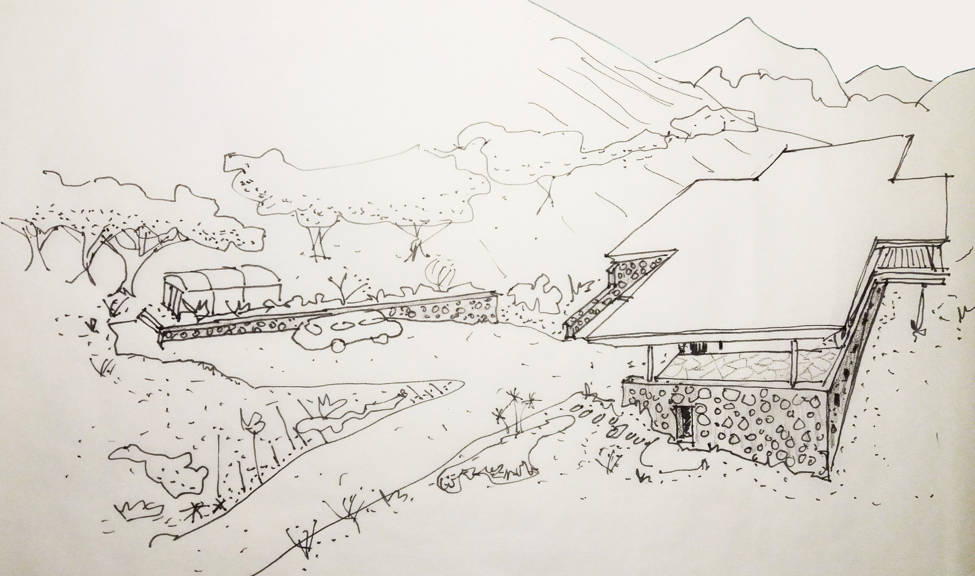 Perspective sketch showing a horizontal volume cantilevering over a textured stone base with surrounding trees and mountains