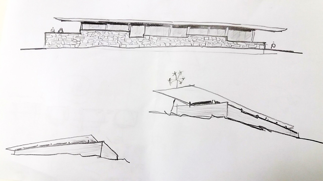 Elevation and section sketches depicting a low structure integrated into sloping terrain with thin planar roof