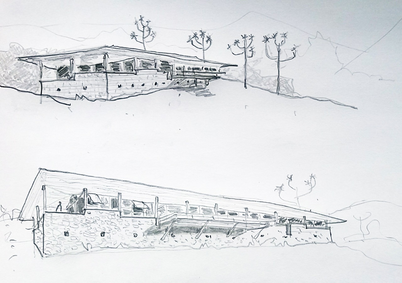 Perspective sketches of the stone and glass pavilion with overhanging roof from two different viewpoints