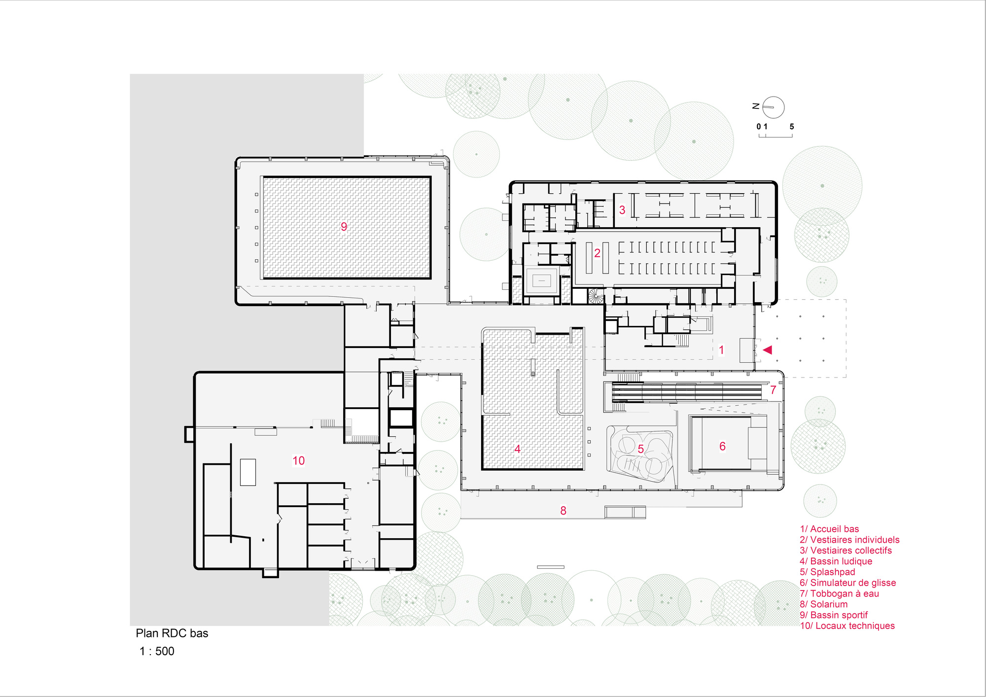 Ground floor plan drawing showing a cluster of rectangular volumes with pools, courtyards and surrounding tree plantings