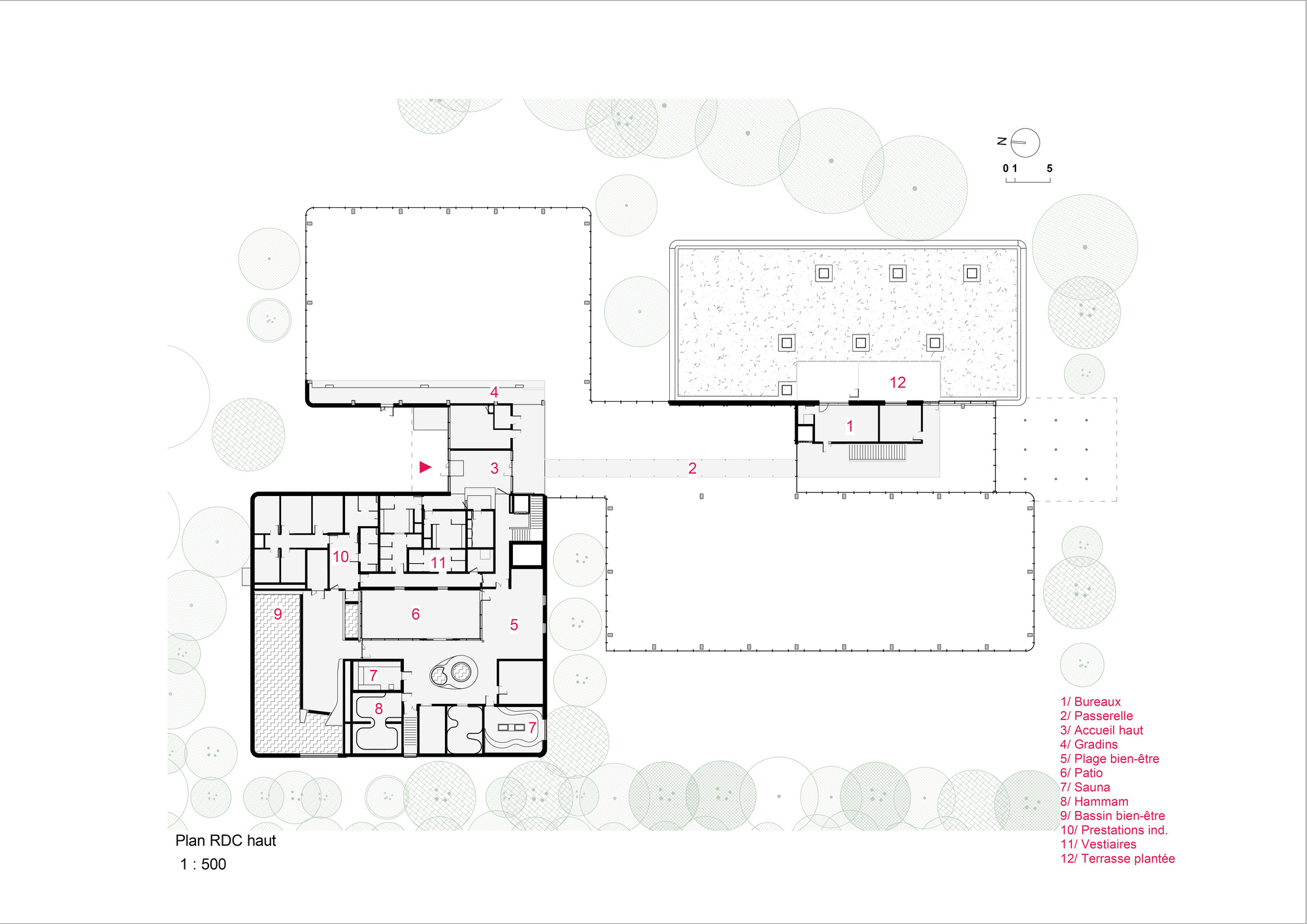 Upper level plan drawing showing dispersed rectangular volumes with interior divisions and adjacent landscape elements