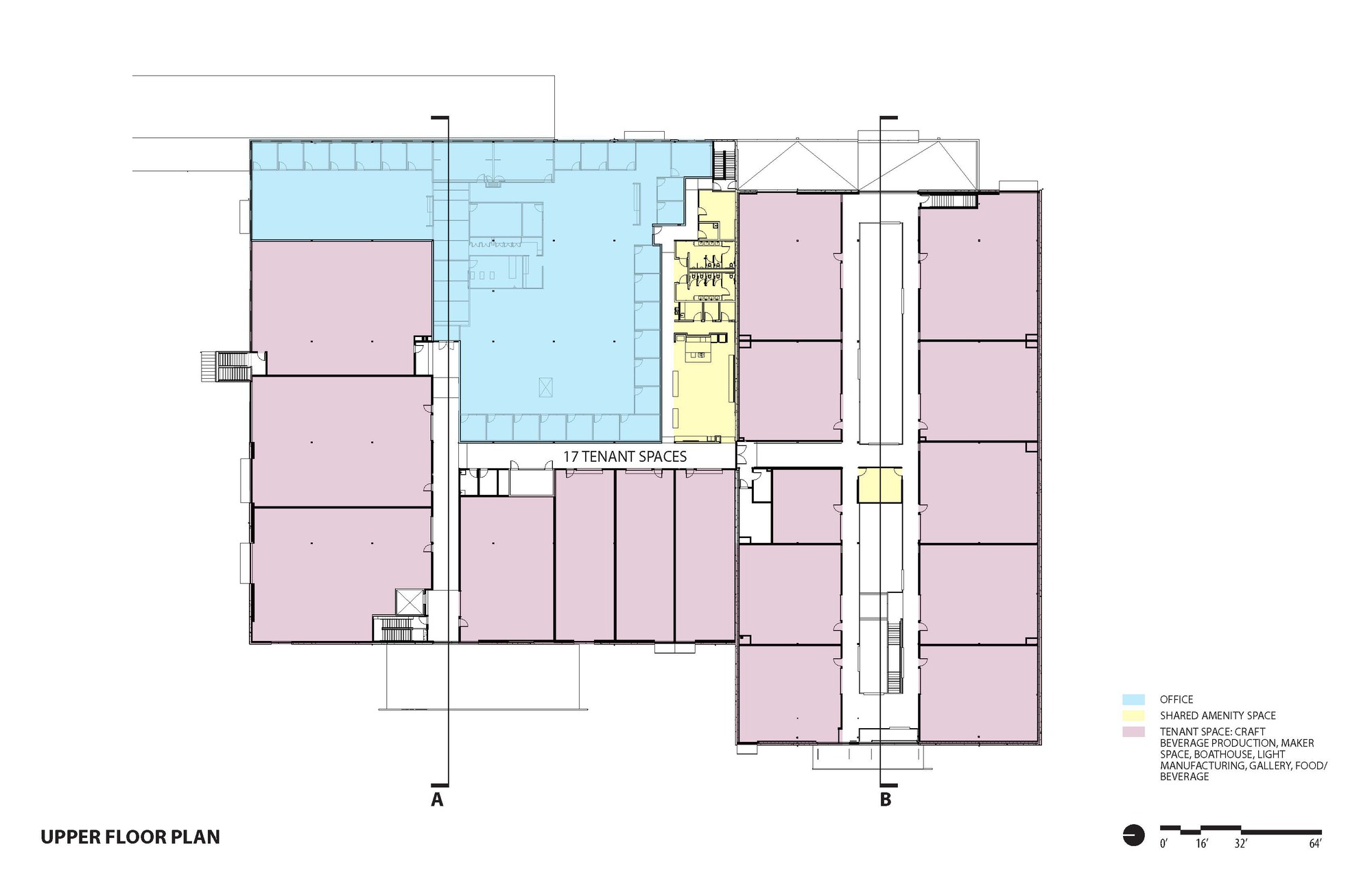 Upper floor plan drawing showing shared amenity space and tenant spaces in color-coded zones
