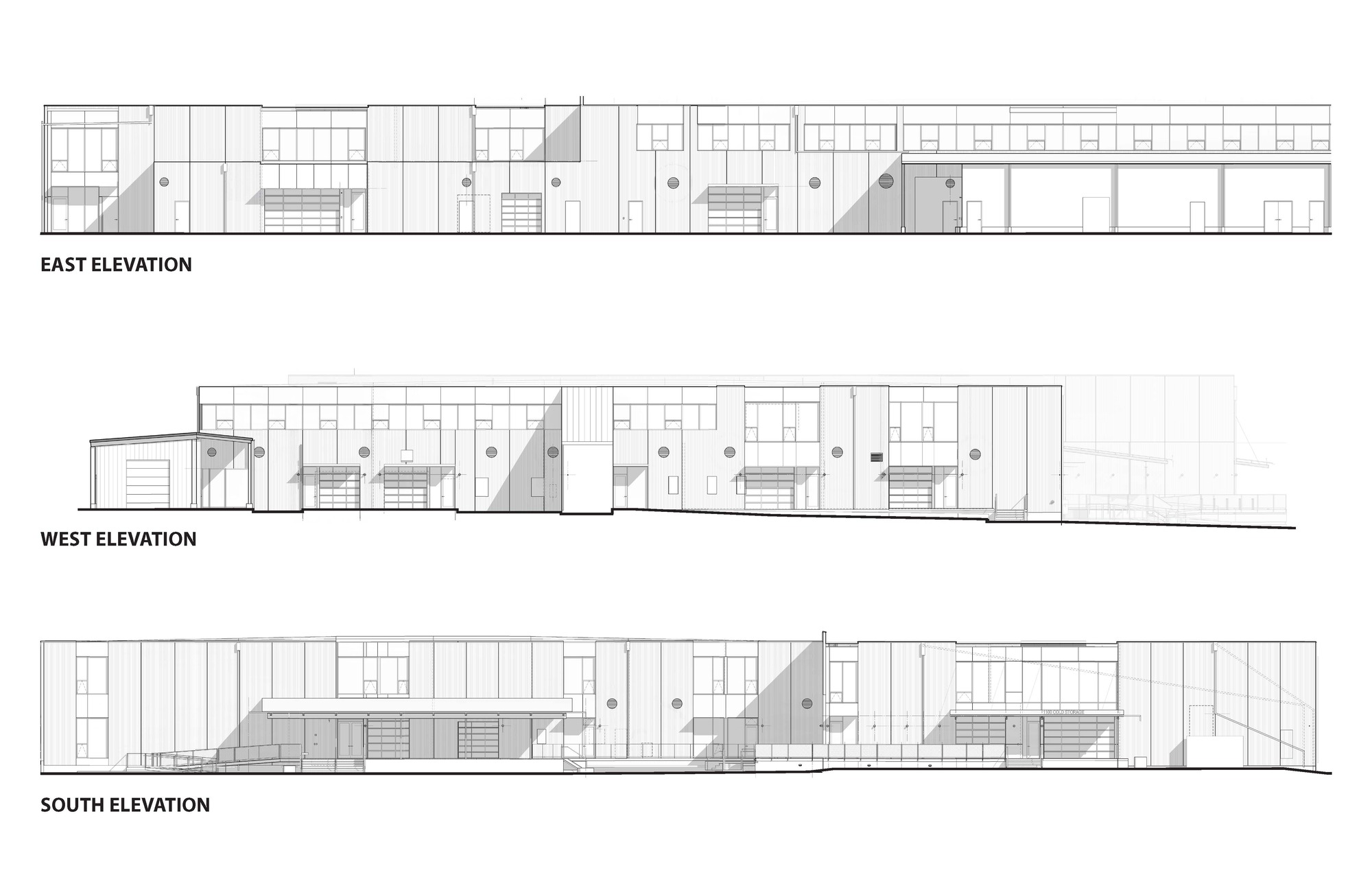 Elevation drawings showing east, west and south facades with mezzanine volumes and vertical circulation