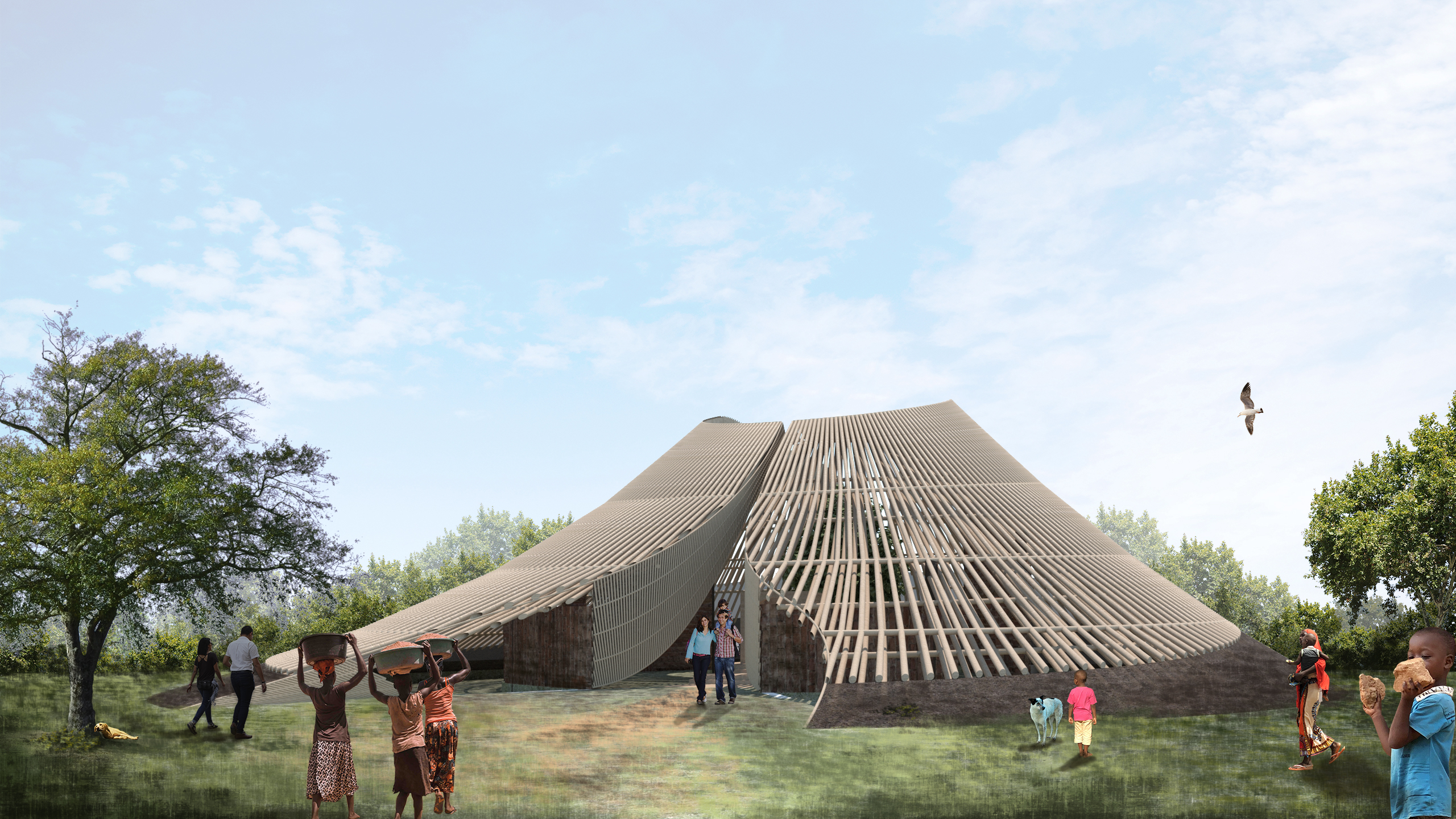 A climate-responsive bamboo chapel emerges from the landscape, blending spirituality, sustainability, and community gathering.