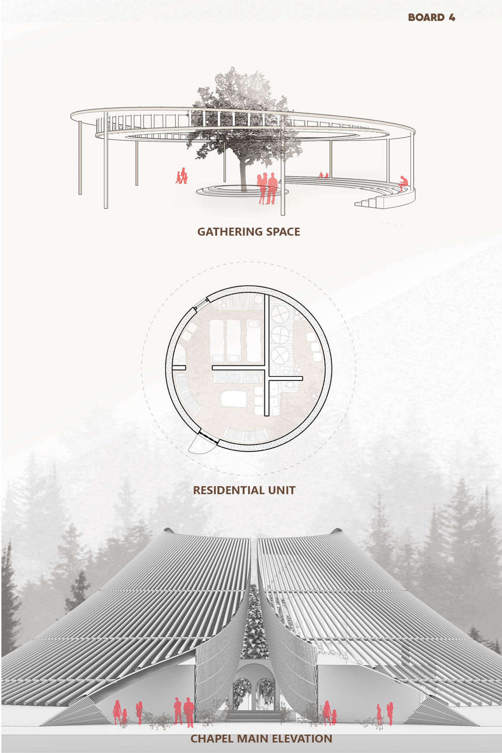 Circular gathering spaces and compact residential units create a regenerative ecosystem centered around faith and ecology.