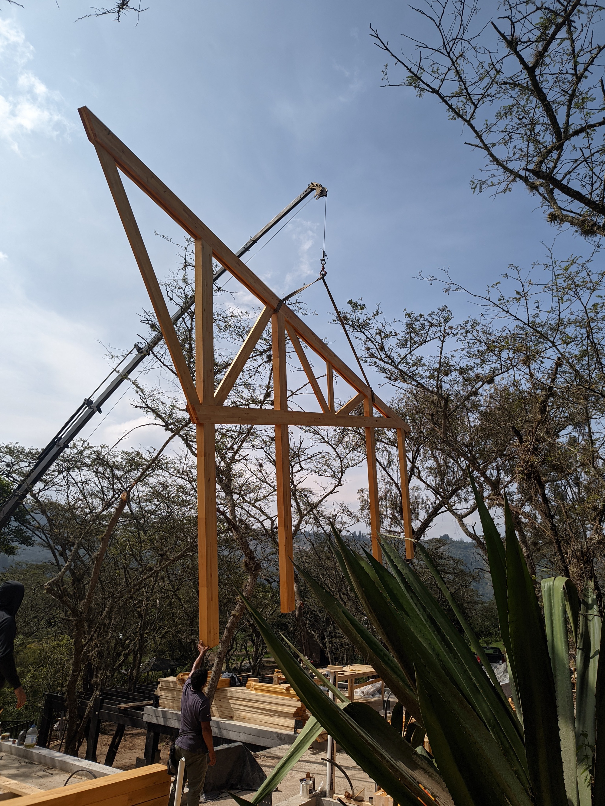 Timber roof truss being lifted by crane into position against bare winter trees and cloudy sky