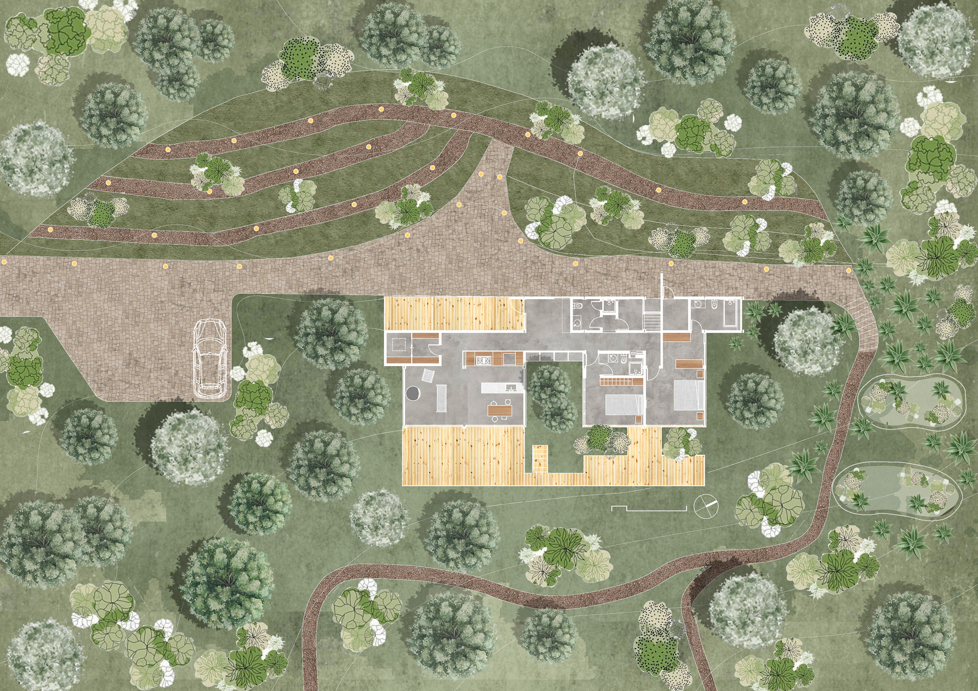 Site plan drawing showing a residence surrounded by winding pathways and scattered trees