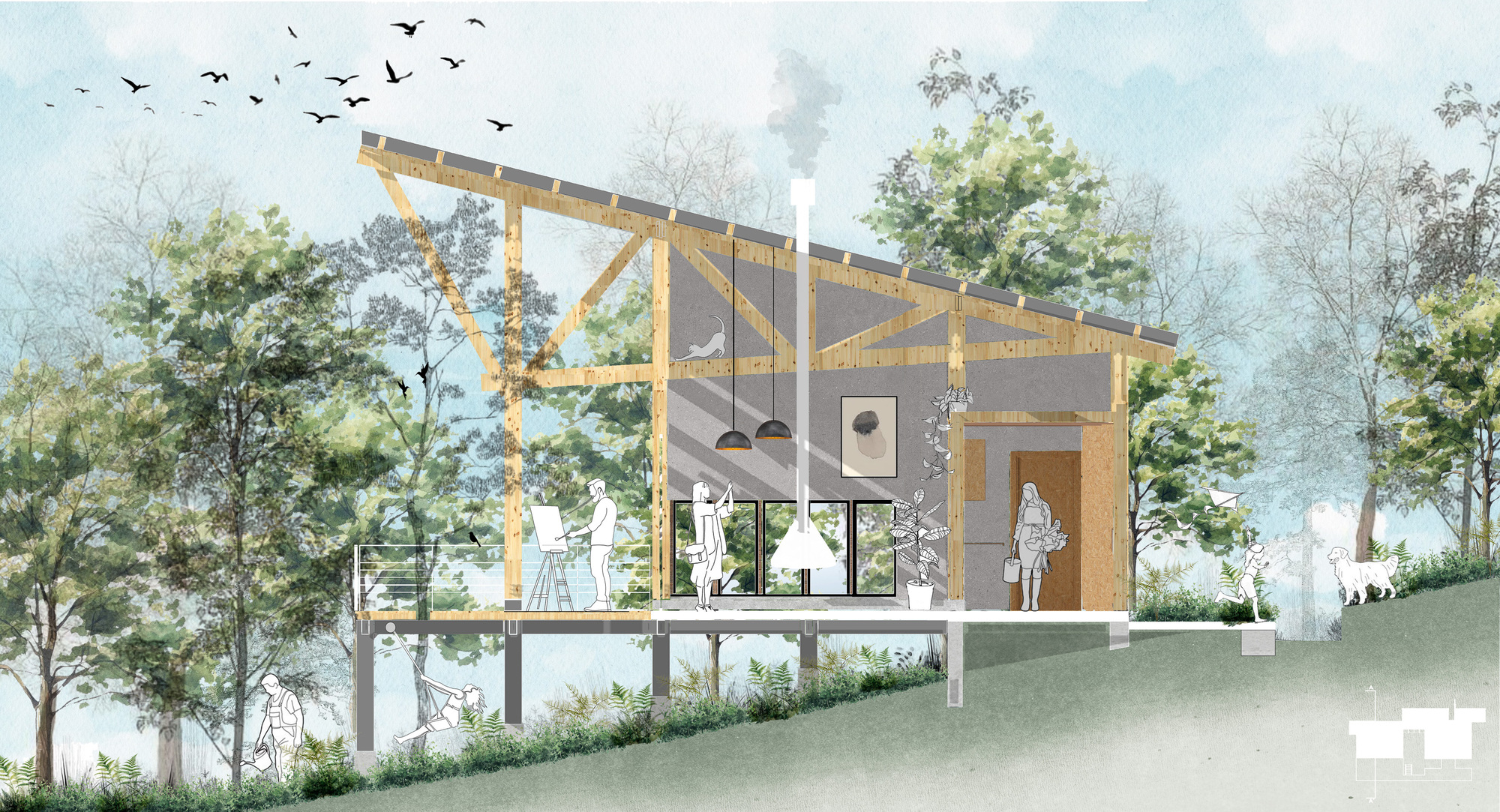 Section drawing illustrating the timber frame structure with birds flying overhead and forest beyond