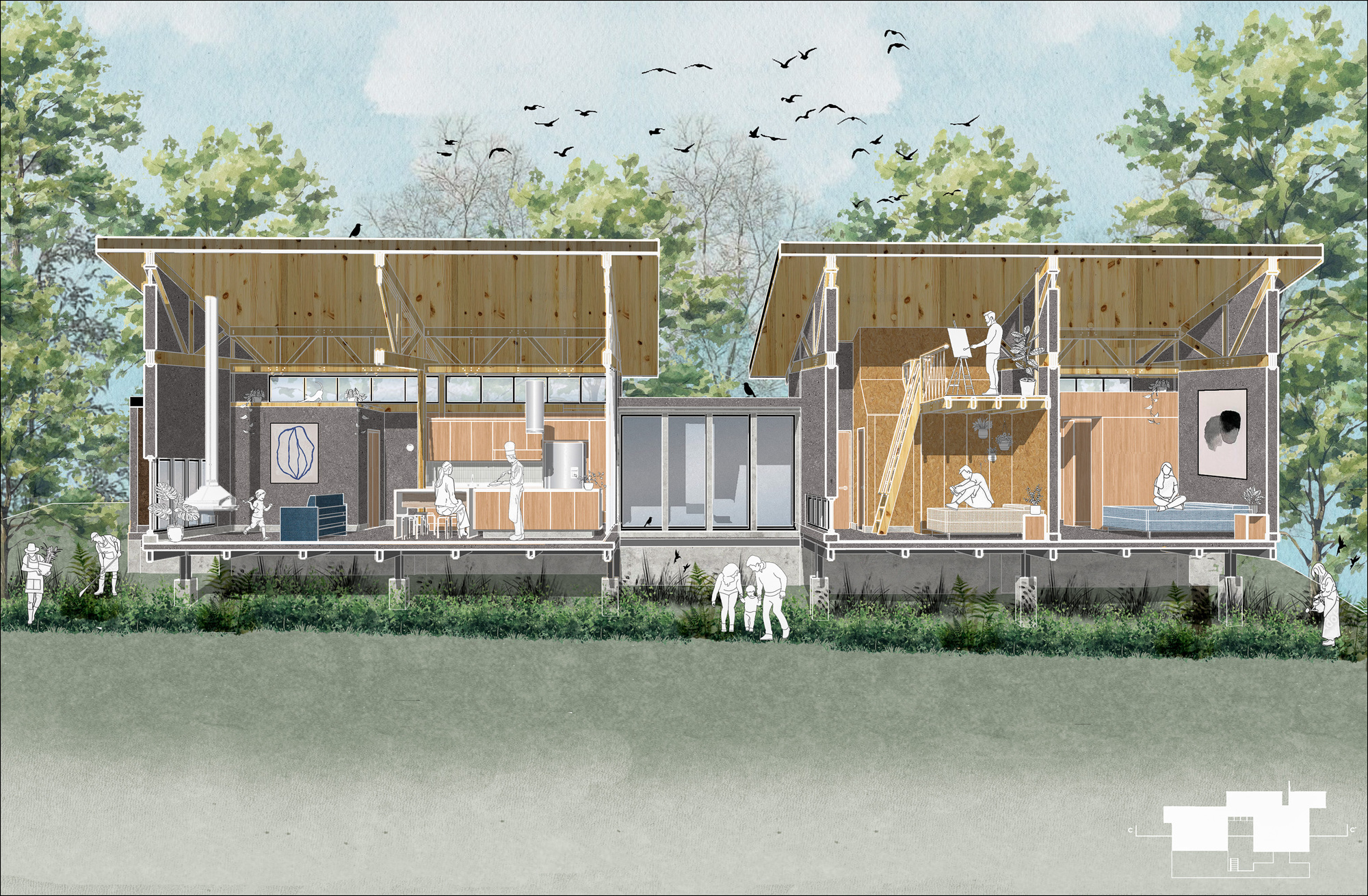 Section drawing revealing interior spaces beneath timber-framed roof with figures and landscape plantings