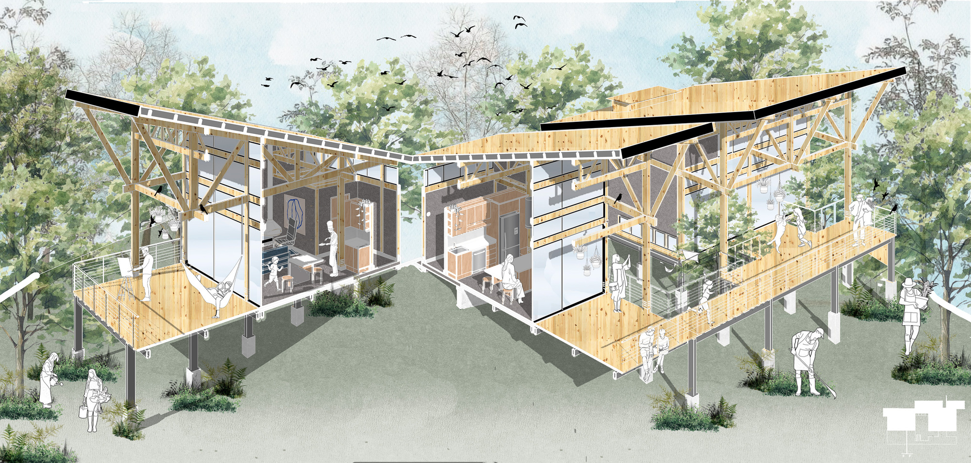 Axonometric section drawing showing the elevated timber structure with exposed framing and sloped roofs