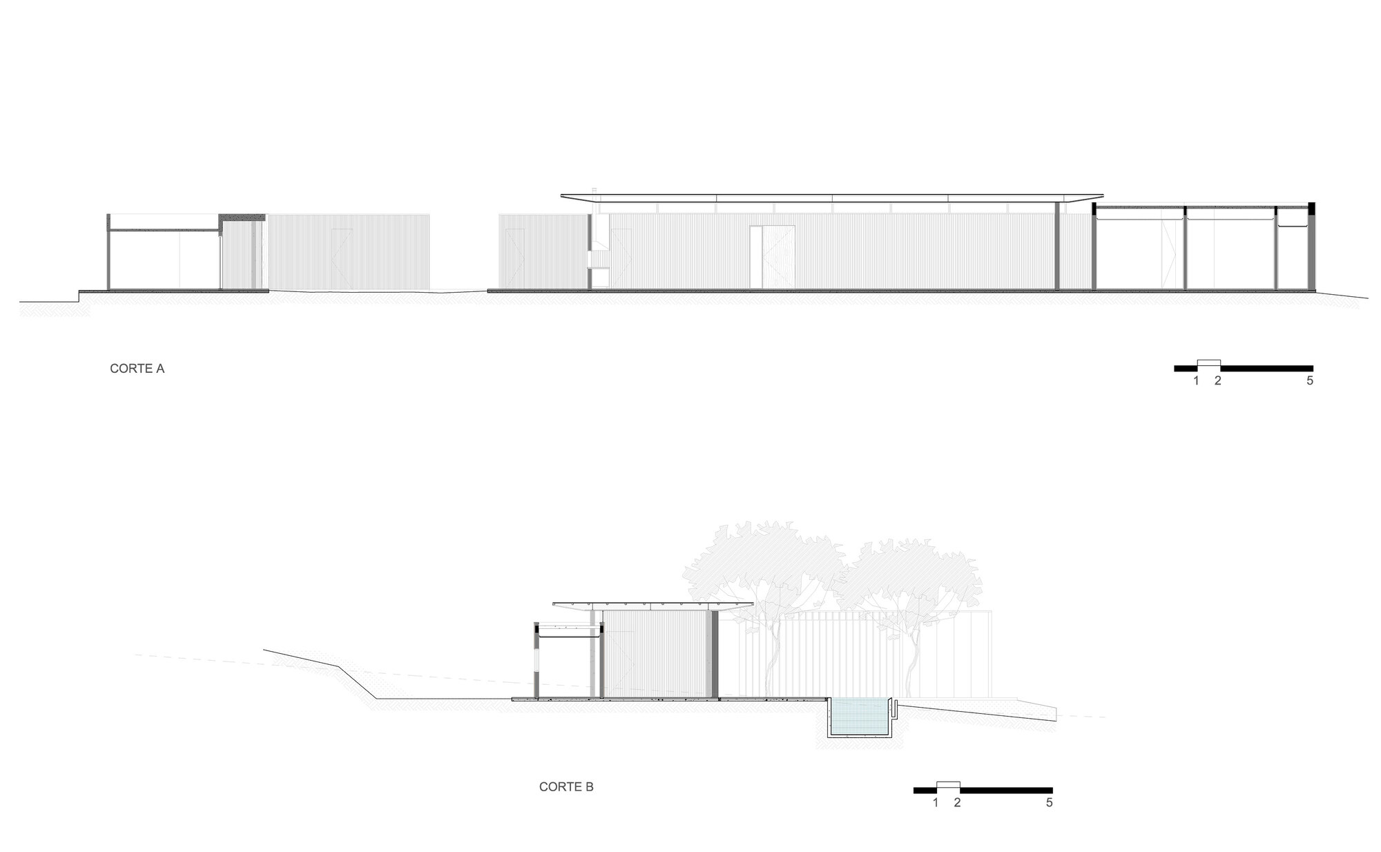 Section drawings showing the flat roof profile and relationship to sloping terrain and pool
