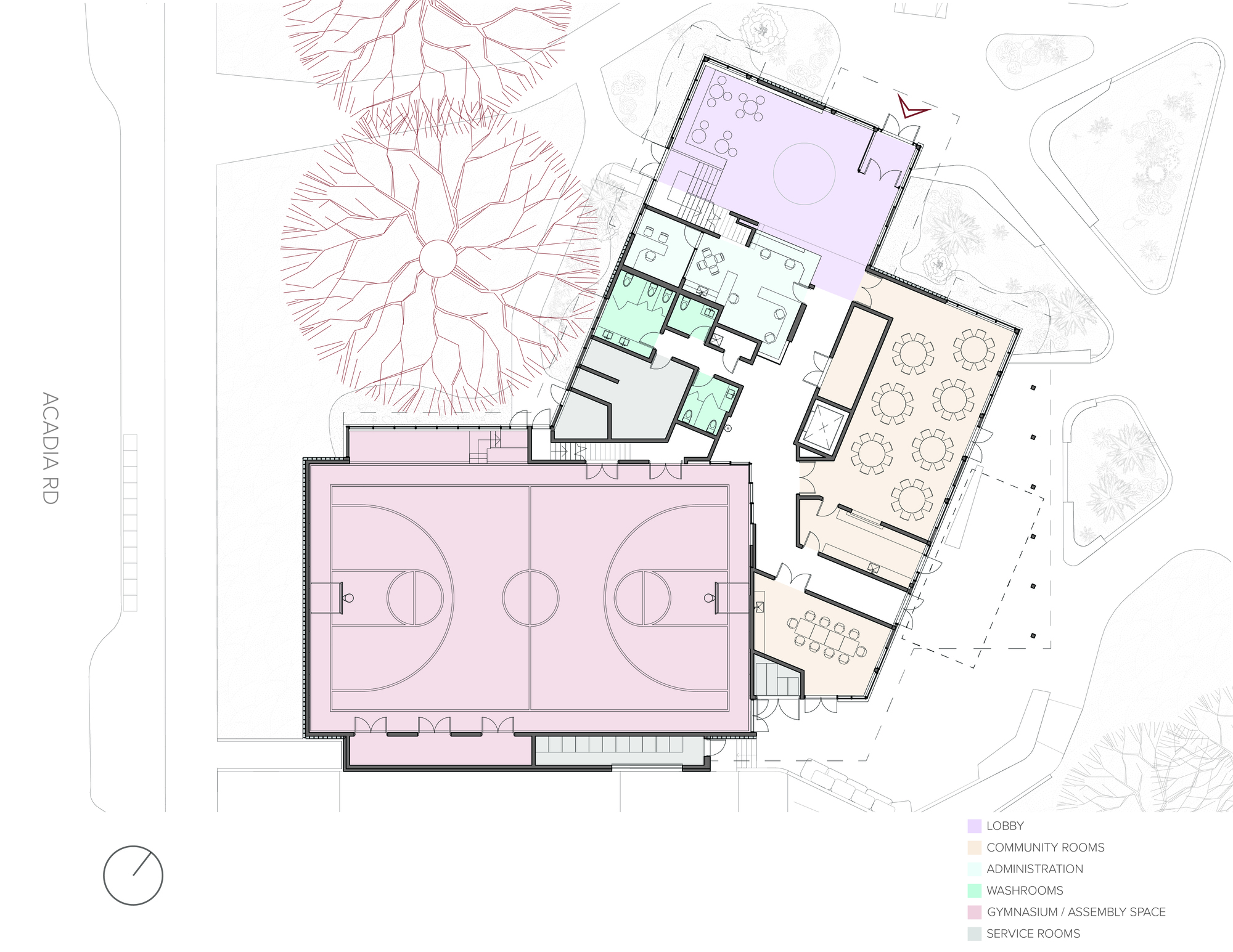 Floor plan drawing showing gymnasium, lobby, community rooms, and circulation with surrounding trees