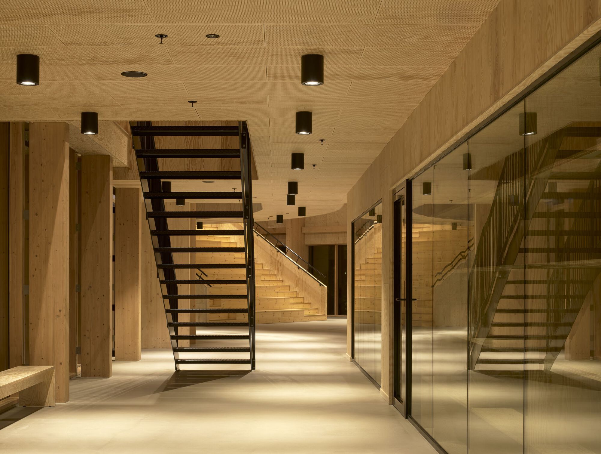 Steel staircase with open treads ascending through timber-clad corridor with glass-paneled walls