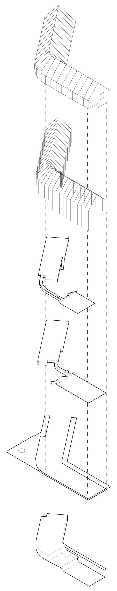 Axonometric drawing showing the building volumes separated to reveal internal spatial relationships